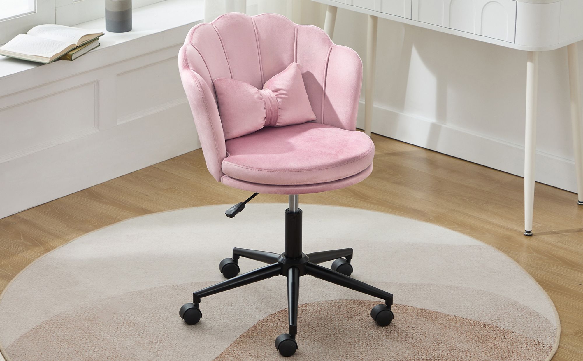 Flieks Bürostuhl ergonomisch, Stuhl drehbar Schminktisch, Schminkstuhl ohne Armlehne, Schreibtischstuh mit Blütenblatt-Rückenlehne, Rosa