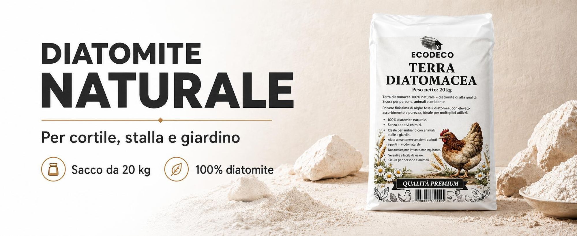 Ecodeco: Terriccio di diatomee (kieselgur) da 10 kg, ideale per pollaio, lettiera e allevamento di animali – assorbente minerale, inodore