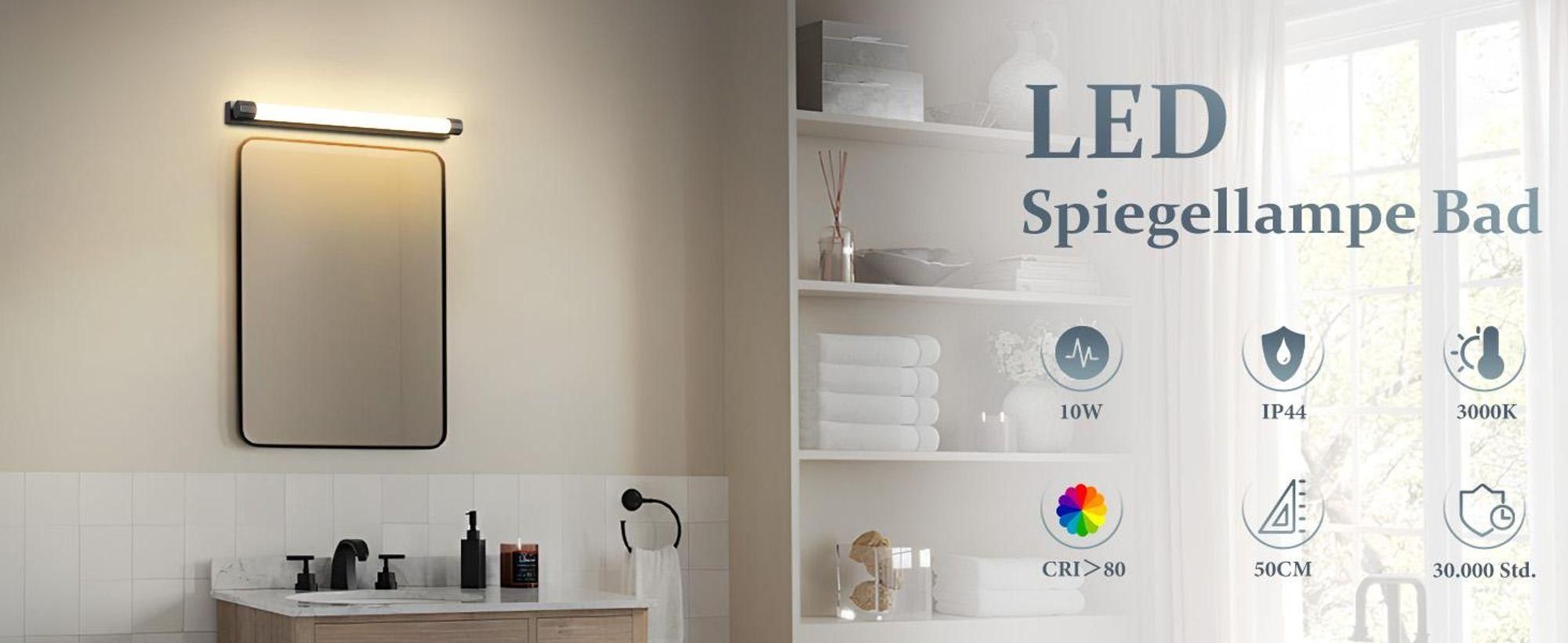 ZMH LED Lampe à miroir salle de bain Lampe à miroir 50CM 10W Lampe de salle de bain murale noire Lampe murale salle de bain blanc neutre 3000K Applique murale moderne Lampe de salle de bain pour cuisine