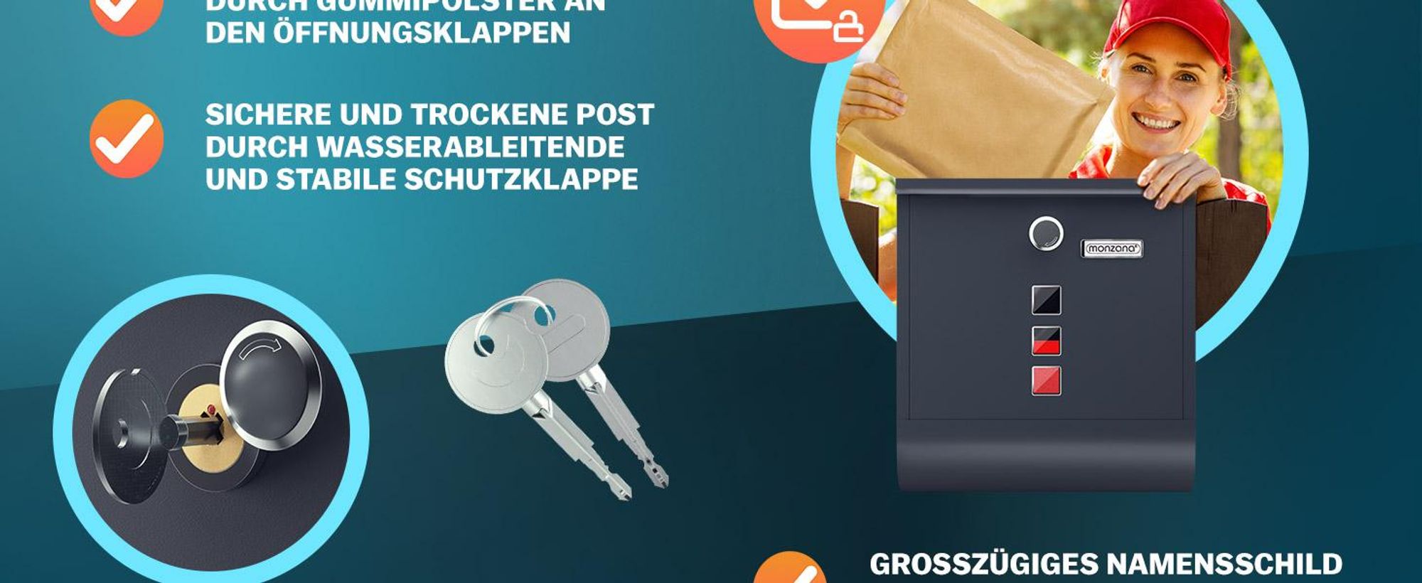 MONZANA® Briefkasten Kreuzschloss mit Kupfer-Schließzylinder drehbare Abdeckung 31x10x34 cm Sichtfenster Namensschild Zeitungsfach einfache Montage legierter Stahl 2 Schlüssel Postkasten Anthrazit