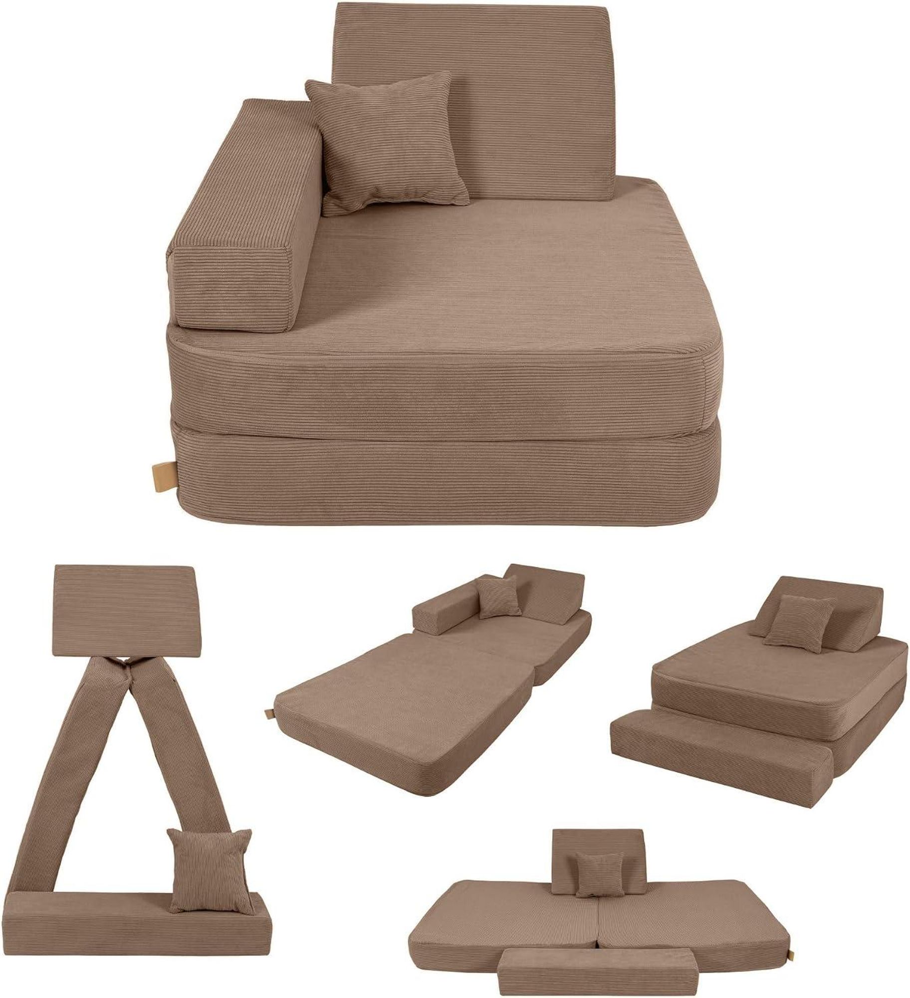 AngeLove Kindersessel 5 in 1 in Braun: Sessel, Liege, Bett, Hocker und Bauelement