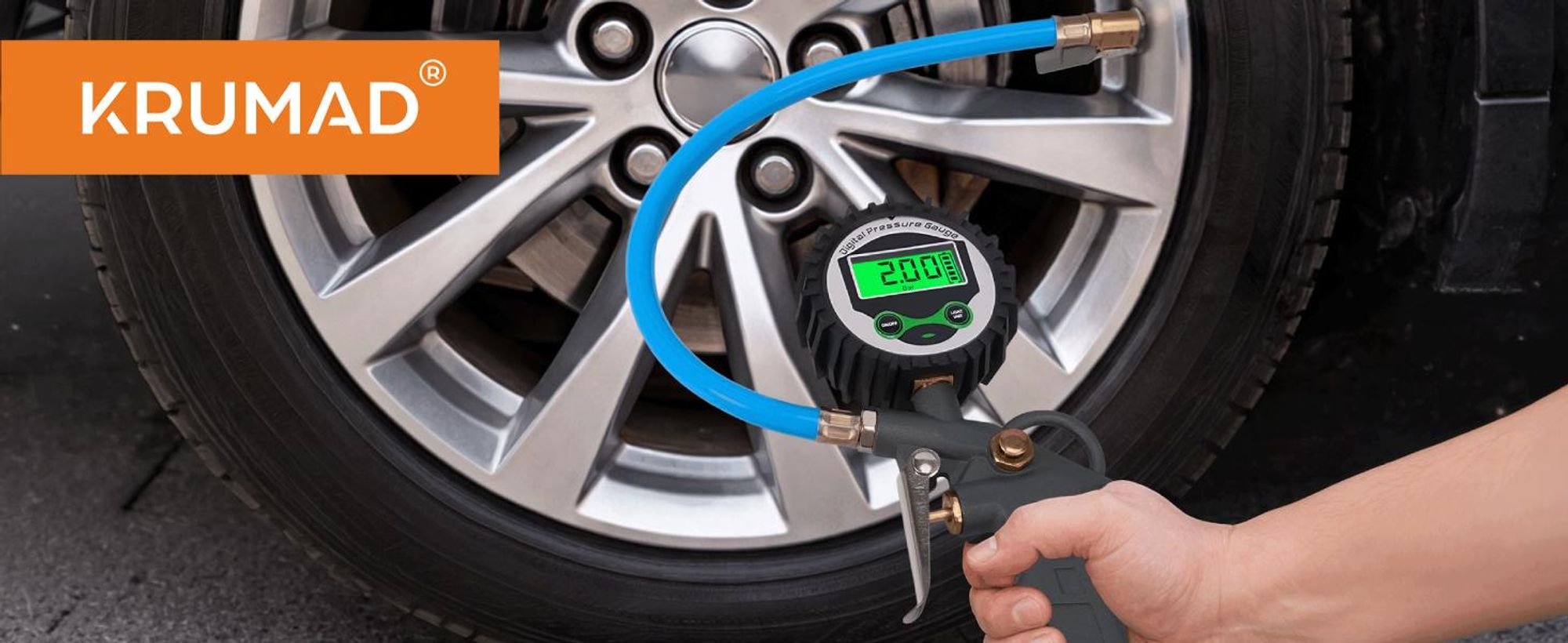 KRUMAD Digitaler Reifendruckfüller mit LCD, Automatische Druckeinstellung, Messbereich 0–16 bar, Luftprüfer für Auto & Fahrrad, Metallgehäuse