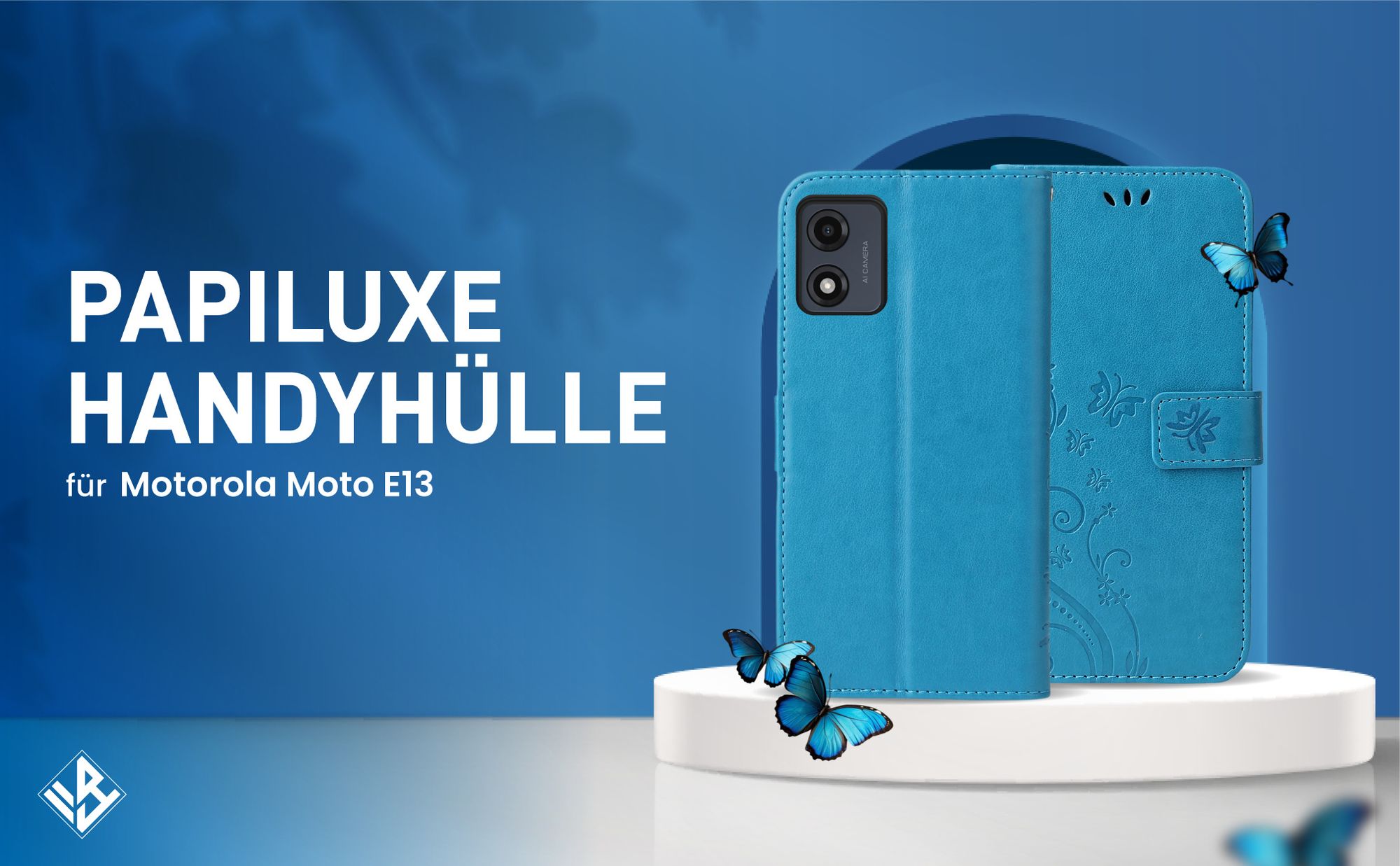 Blaue Klapphülle im Schmetterling Design für Motorola Moto E13 mit Wallet-Funktion