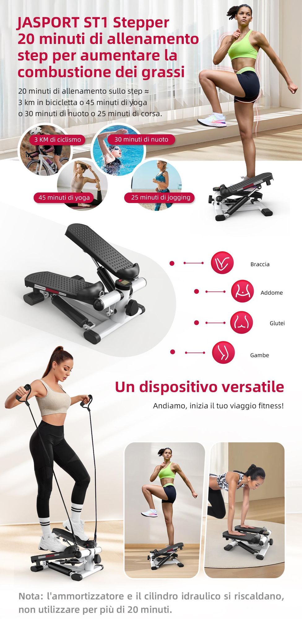 JASPORT ST1 Mini stepper, 2 in 1 con Power Ropes, LCD, resistenza regolabile, per allenamento gambe e braccia, silenzioso e compatto, carico massimo 100 kg, bianco