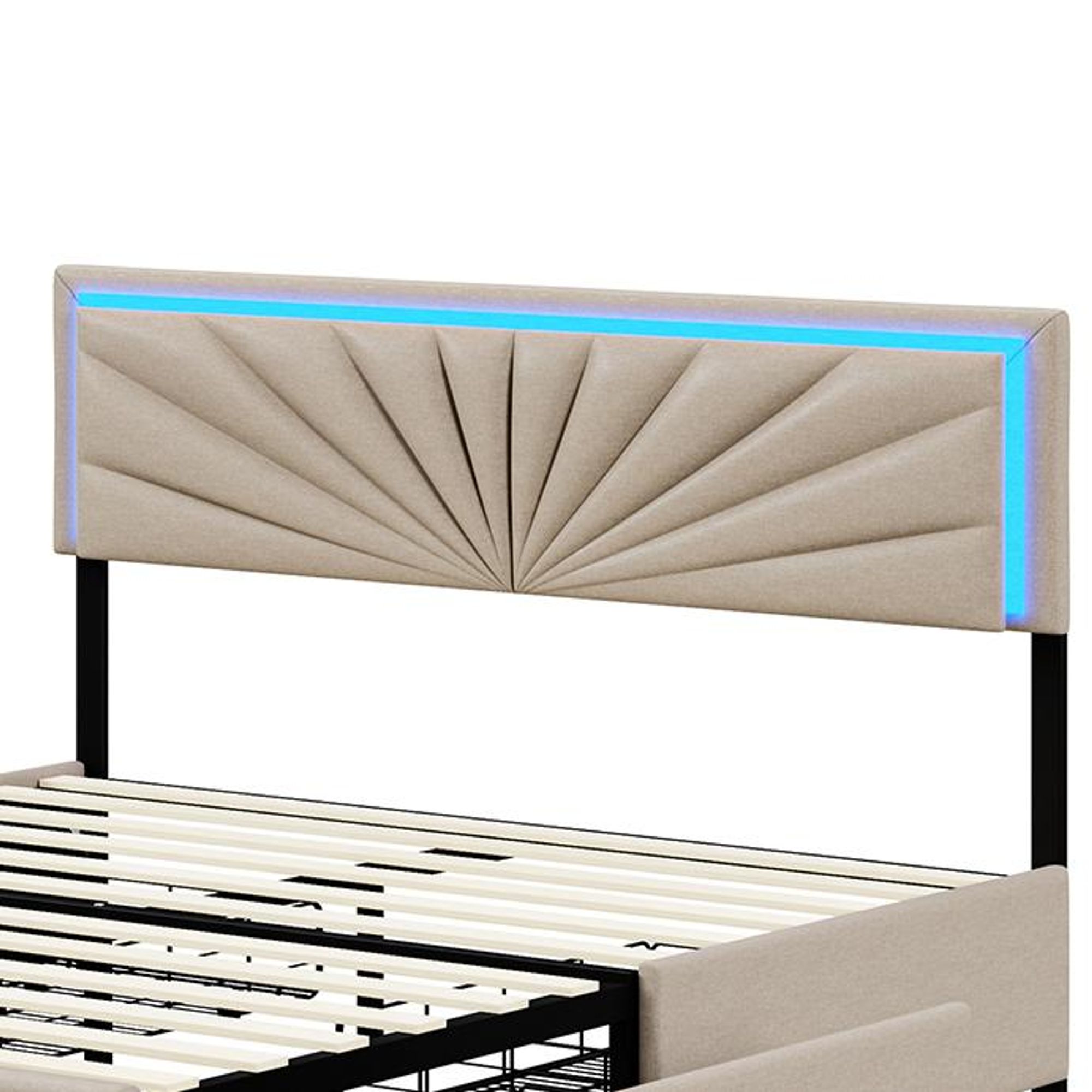 Fortuna Lai Polsterbett 160x200cm mit höhenverstellbarem Kopfteil, LED und 4 Schubladen, Funktionsbett Doppelbett aus Leinen, Beige