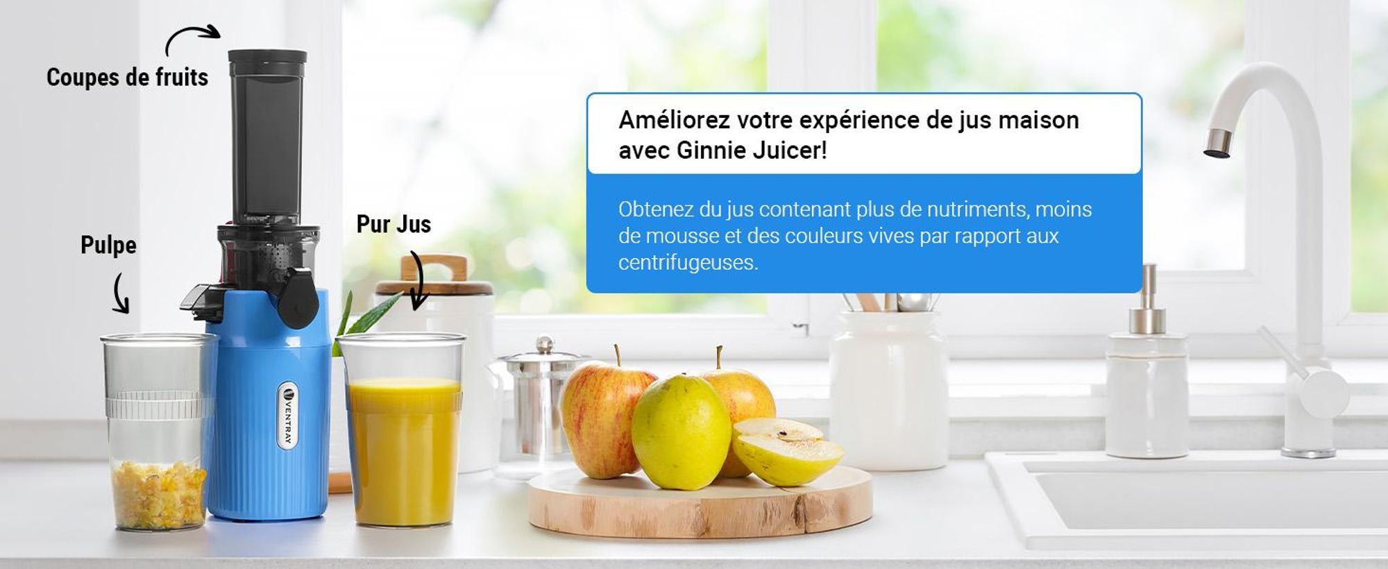 Ventray Essential Ginnie - Centrifugeuse à pression à froid, Slow Juicer Compact & Silencieux (60 tr/min, ouverture de remplissage de 45mm), sans BPA, 400ml, Nettoyage facile