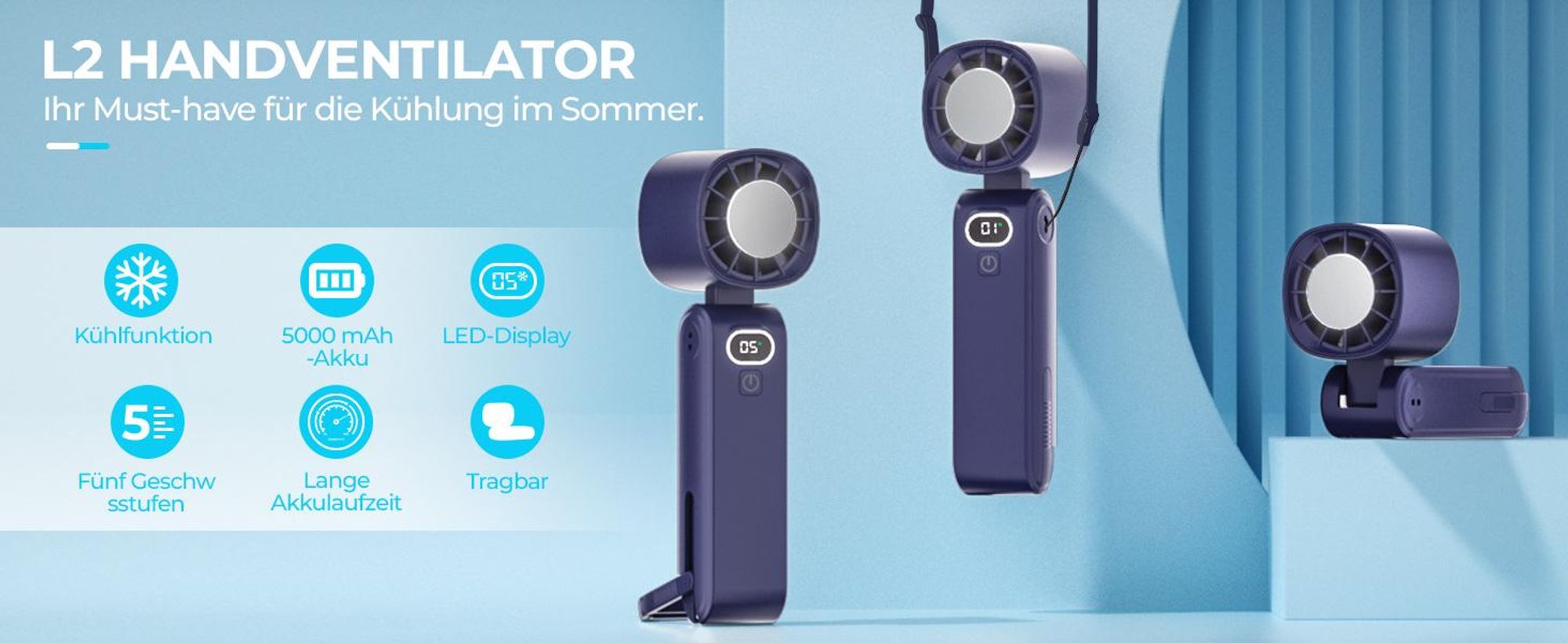 Kühlung Mini Hand Ventilator 5000mAh Akku Aufladbar Lüfter Handheld neck Fan USB, Dunkelblau