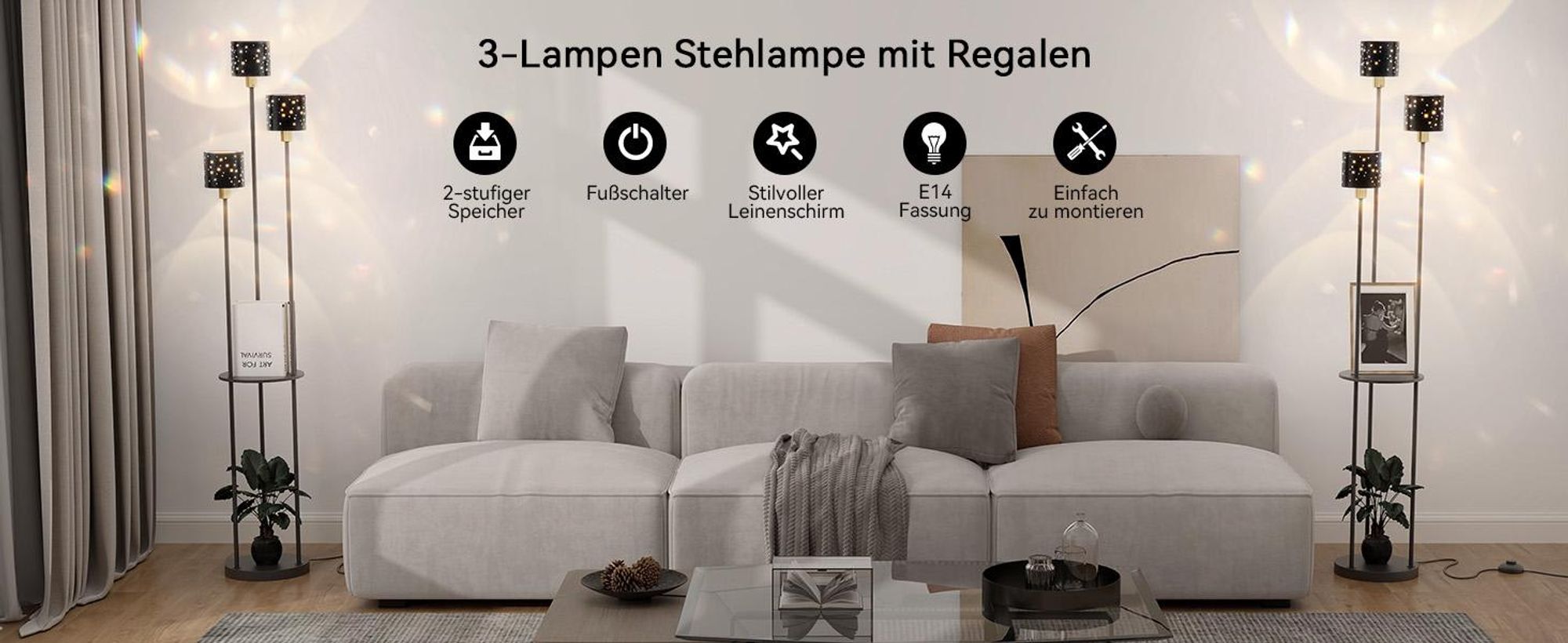 Puluomis Stehlampe 3 flammige Stehleuchte Standleuchte Bodenlampe, mit Fußschalter, E14 Fassung für Schlafzimmer Wohnzimmer Regal 160cm Schwarz