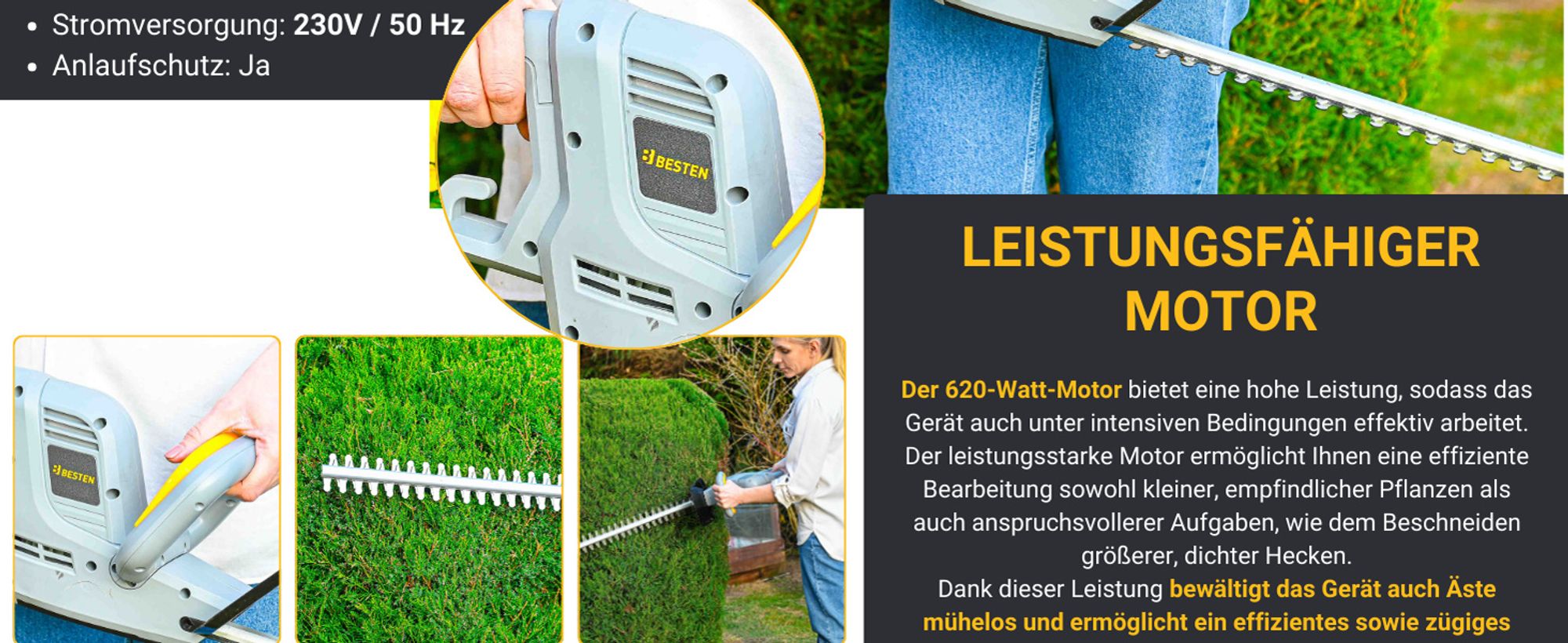 BESTEN Heckenschere Netz, Strauch-Astschere, Gartenschere, 620W, 56cm Arbeitsklinge