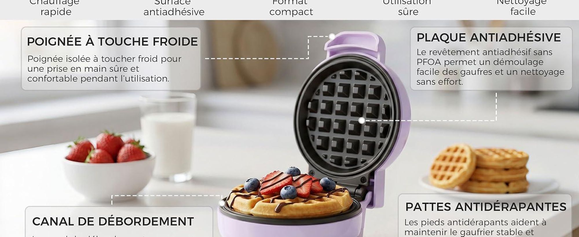 YASHE Mini gaufrier ABW59C, 550 W, plaque 10 cm, antiadhésif, violet