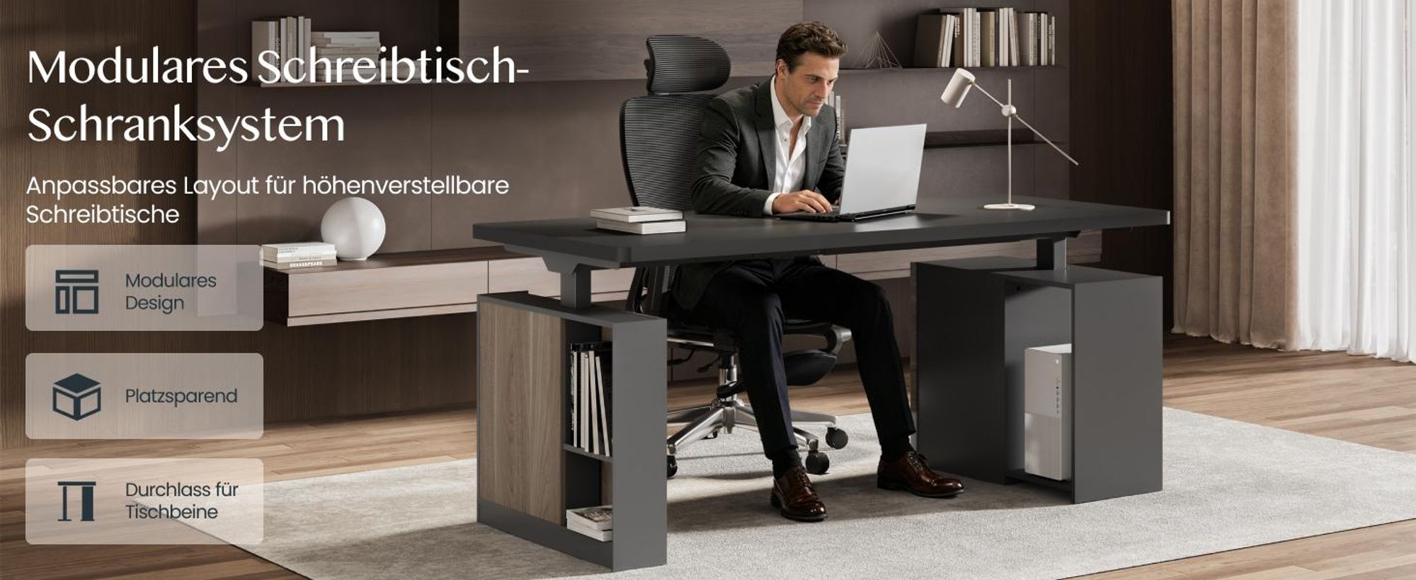FLEXISPOT  Höhenverstellbarer Schreibtisch 160x80cm mit 2 Schränke, 2 Motoren, 25MM EINTEILIGE TISCHPLATTE, 120 kg Tragkraft, Kabelmanagement, Schwarz