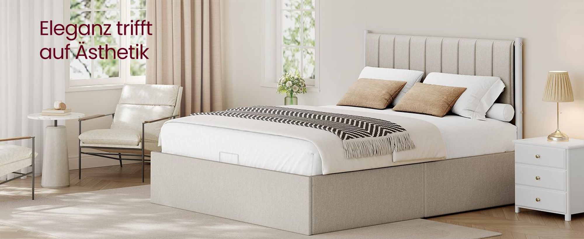 VASAGLE Bettgestell, 160 x 200 cm, hochklappbar Lattenrost, Stauraum unter dem Bett, mit Kopfteil, beige