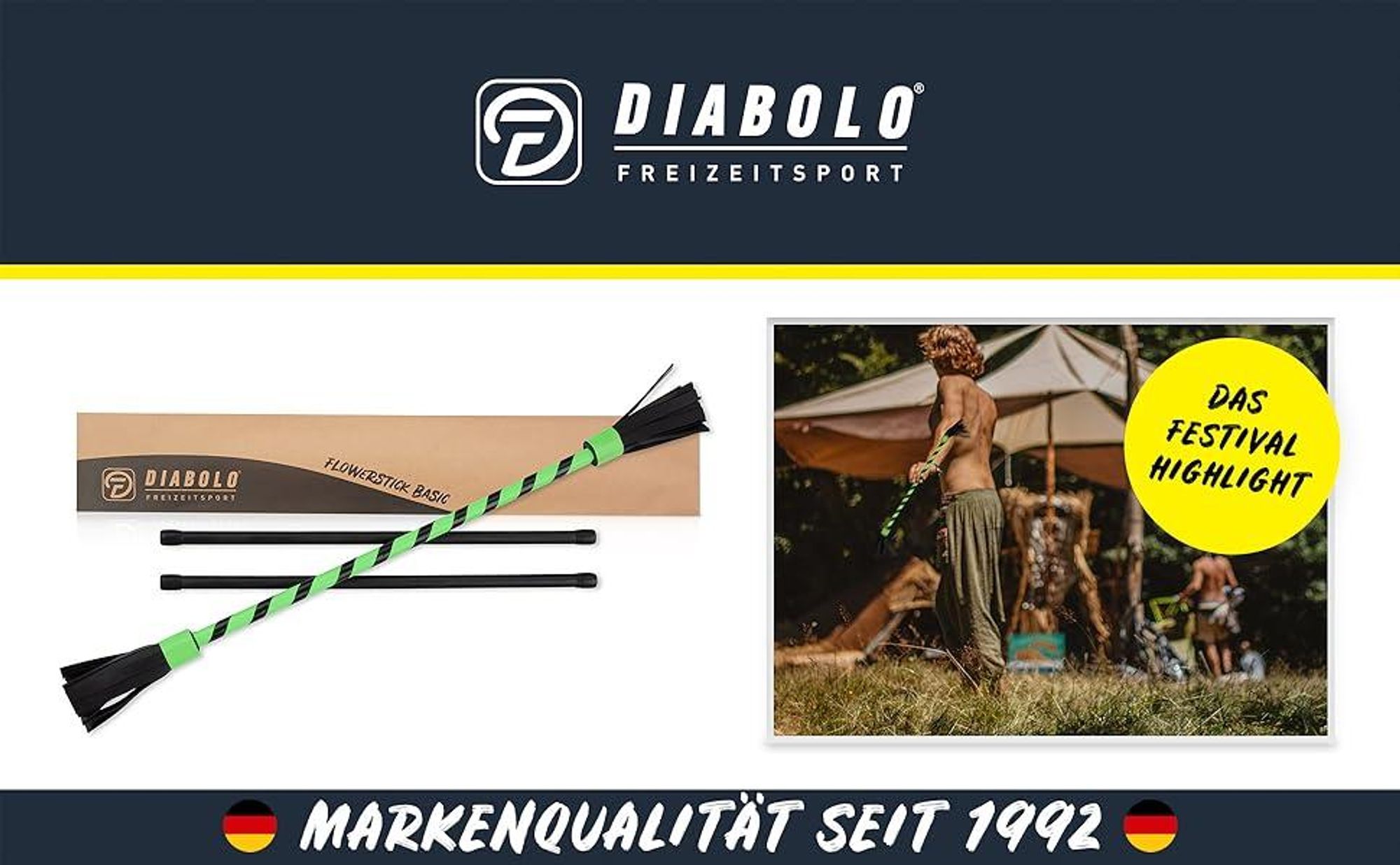 Diabolo Leisure Sport Flowerstick – Flowerstick Basic UV grun mit Fiberglas Handstöcken | Robuster Flowerstick für Anfänger und Fortgeschrittene