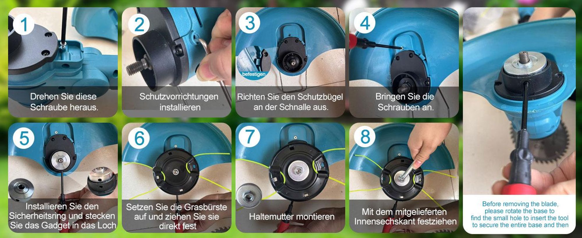 Akku Rasentrimmer 750W mit 2× 4000mAh Akkus 21V, 4 in 1 Bürstenloser Motor Rasentrimmer mit Unkrautbürste, Freischneider mit Messer und Ladegerät