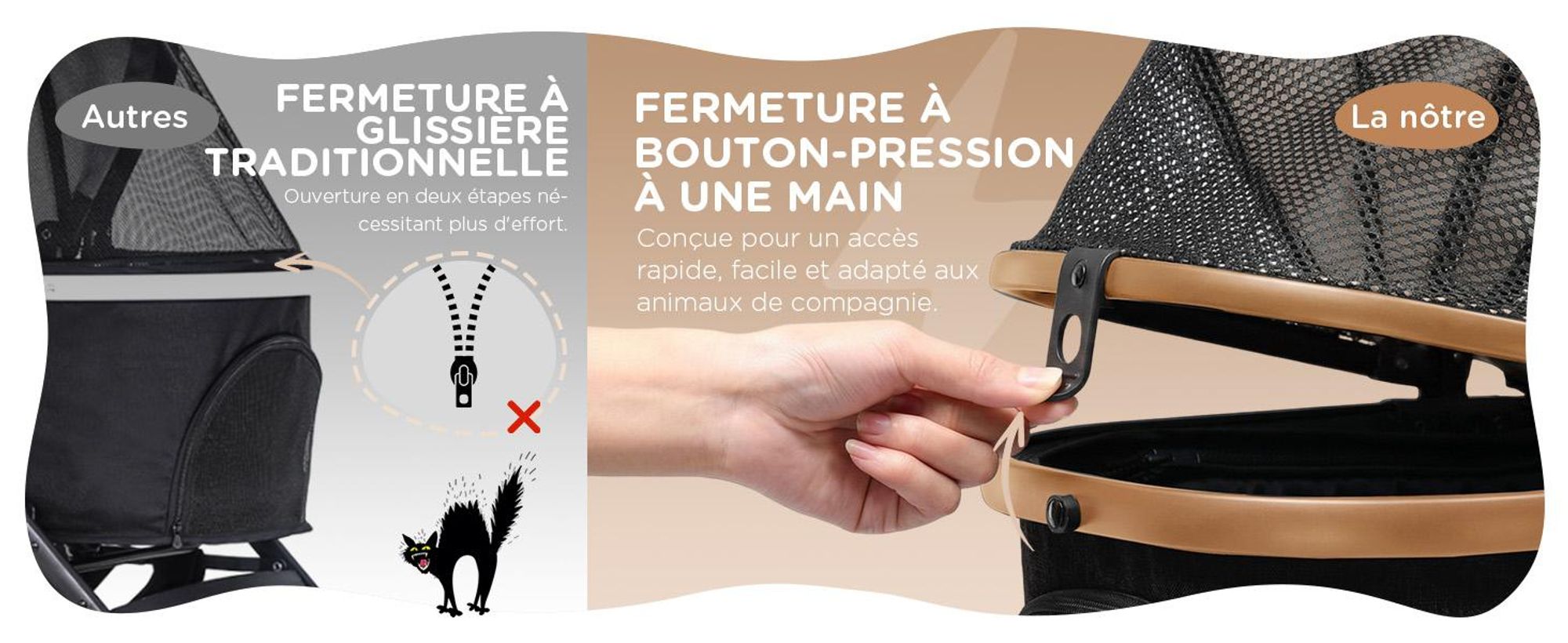 Poussette pour chien COMHOMA pliable jusqu'à 25 kg, roue avant pivotante à 360° en EVA et freins arrière, poussette pour chien 4 en 1, poussette pliable pour chat dorée