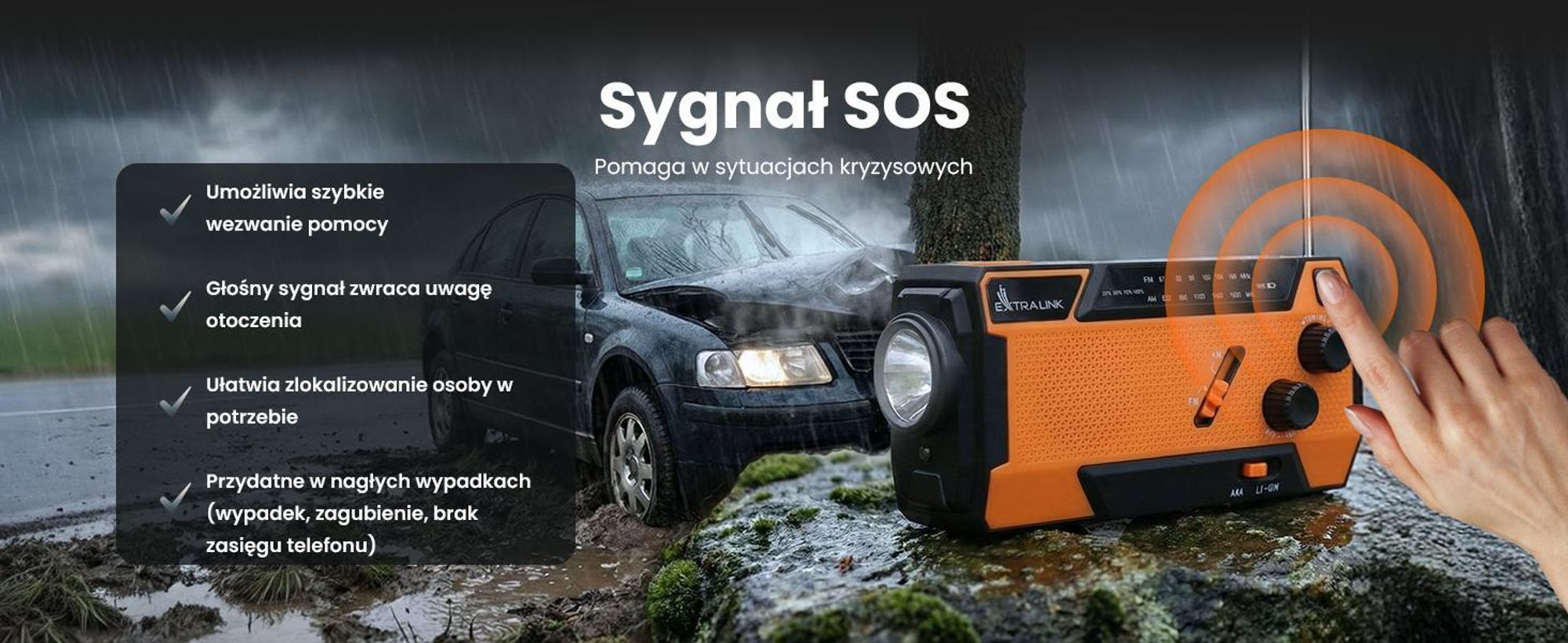 Extralink RADIO AWARYJNE SOLARNE Z KORBKA DYNAMO POWERBANK 4000MAH Z LATARKA SOS SR-4000, Przenośny, Analogowy, AM, FM, 87 - 108 MHz, 552 - 1620 kHz, 3 W