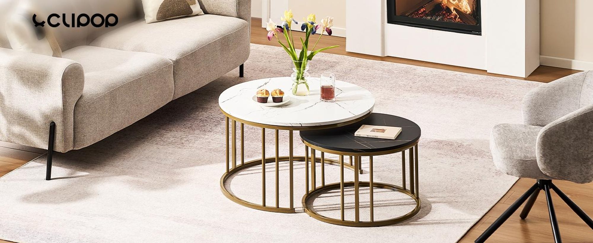 CLIPOP Couchtisch 2er Set Rund mit Marmoroptik, Metallgestell Gold Beistelltisch für Wohnzimmer Ø70+50cm, Weiß Schwarz