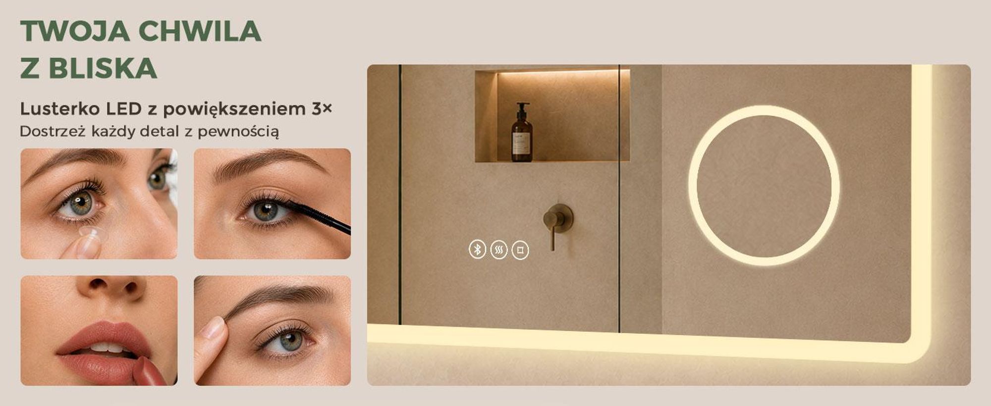 S'AFIELINA Lustro łazienkowe LED z Bluetooth 5.3, 120 × 60 cm, Lusterko 3×, funkcja antyparowa, 3 barwy światła, ściemnianie, dotyk & pamięć