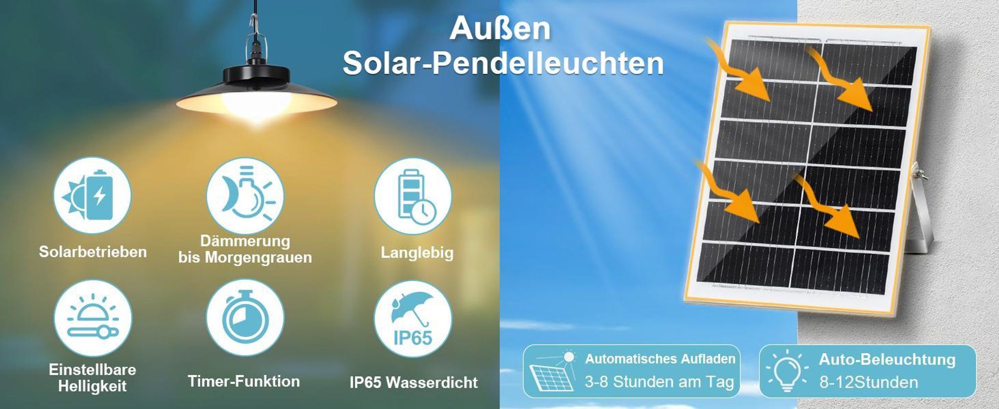 Außen Solarlampe 5 Beleuchtungsmodi mit Bewegungssensor und Fernbedienung Wasserdicht Solar Pendelleuchte Solarleuchte, Warmweiß, 3 Lampe