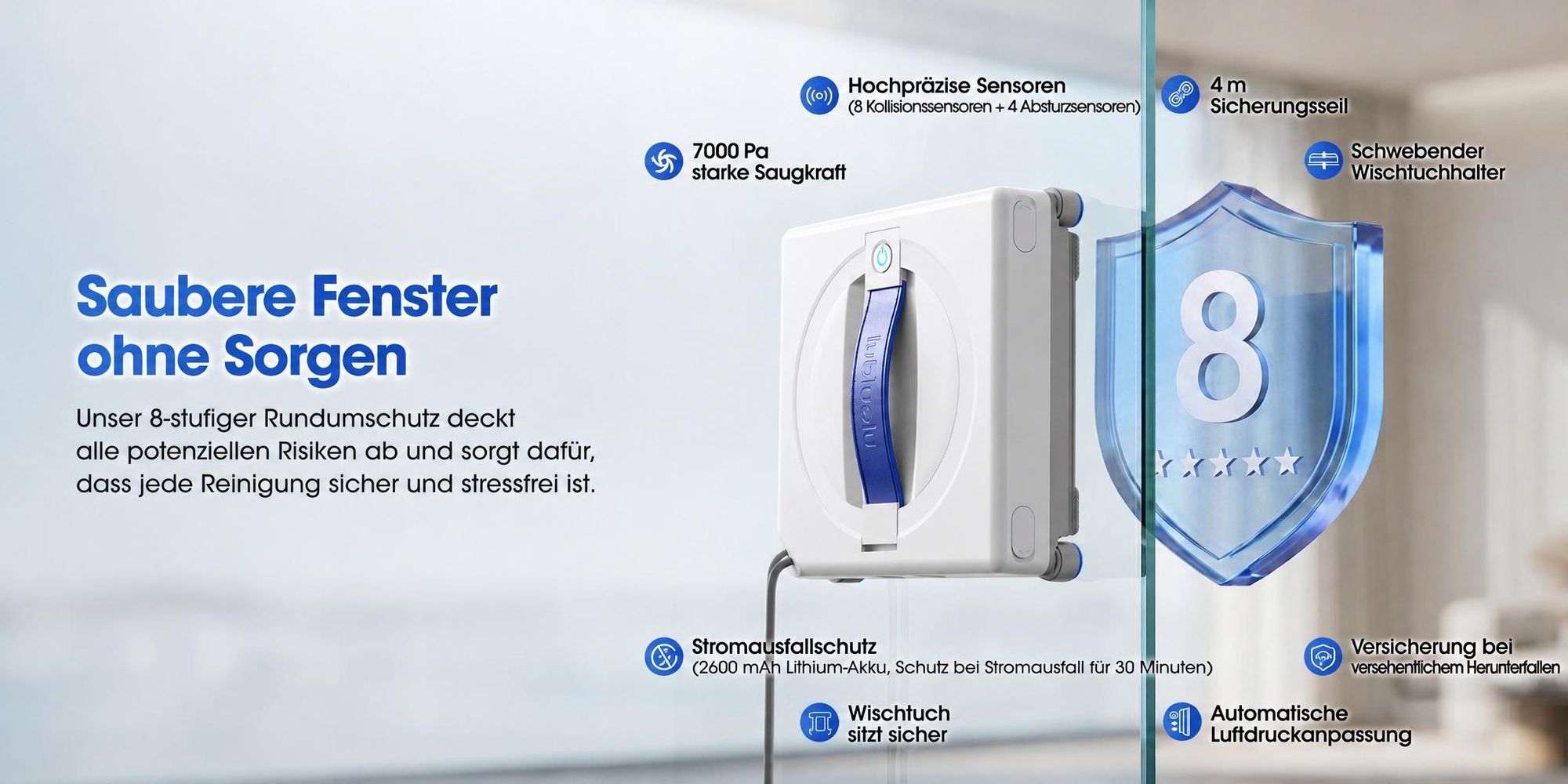 Lubluelu W100 Fensterputzroboter mit Sprühfunktion, 7000 Pa Saugkraft, Fernbedienung & 4 m Sicherheitsseil, inkl. 4 waschbarer Mikrofasertücher