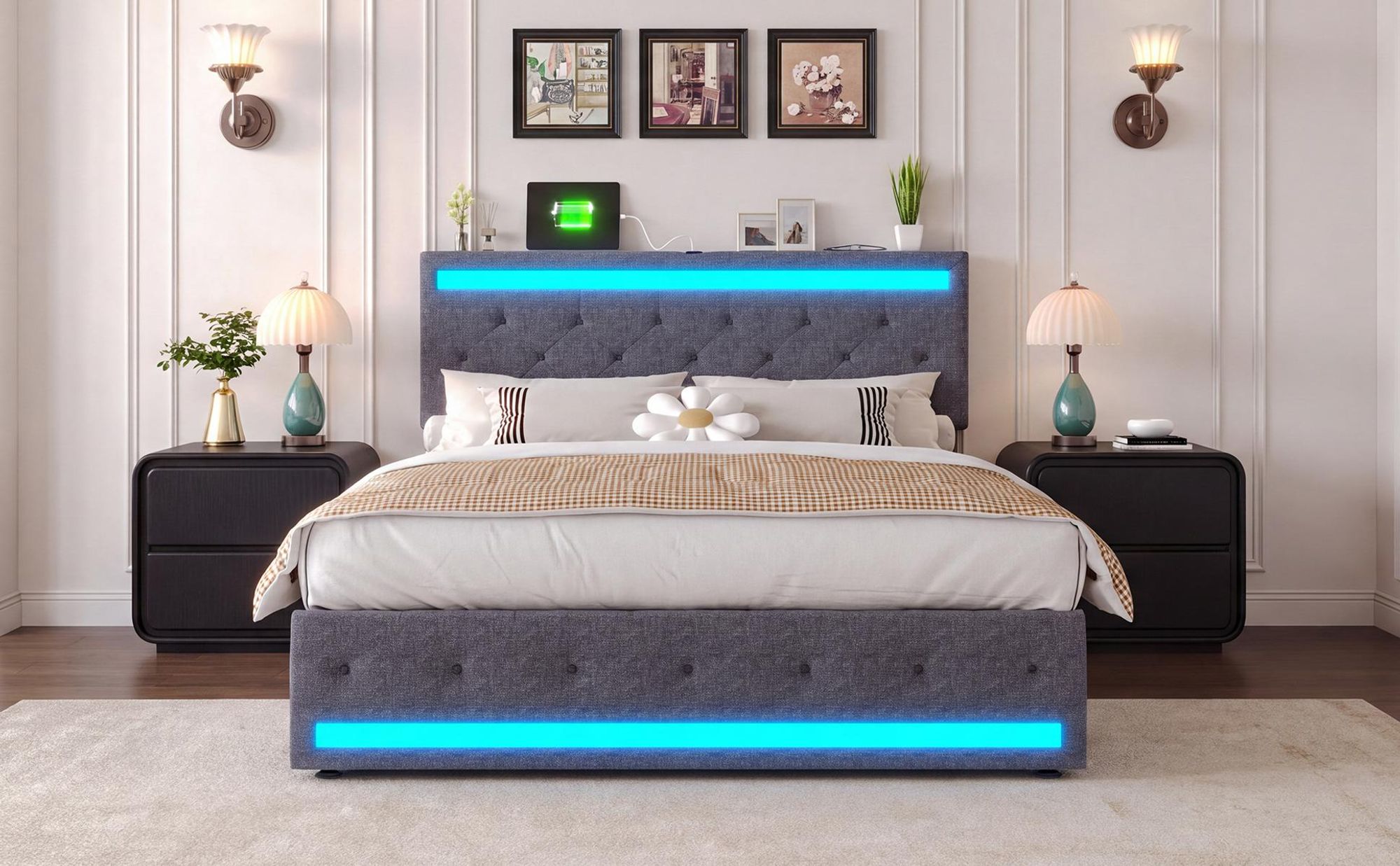 INONEFT Polsterbett 140x200 cm, Modern Boxspringbett mit LED und USB, Jugendbett mit 4 mit Stauraum Schubladen, Ohne Matratze, Leinen Dunkelgrau