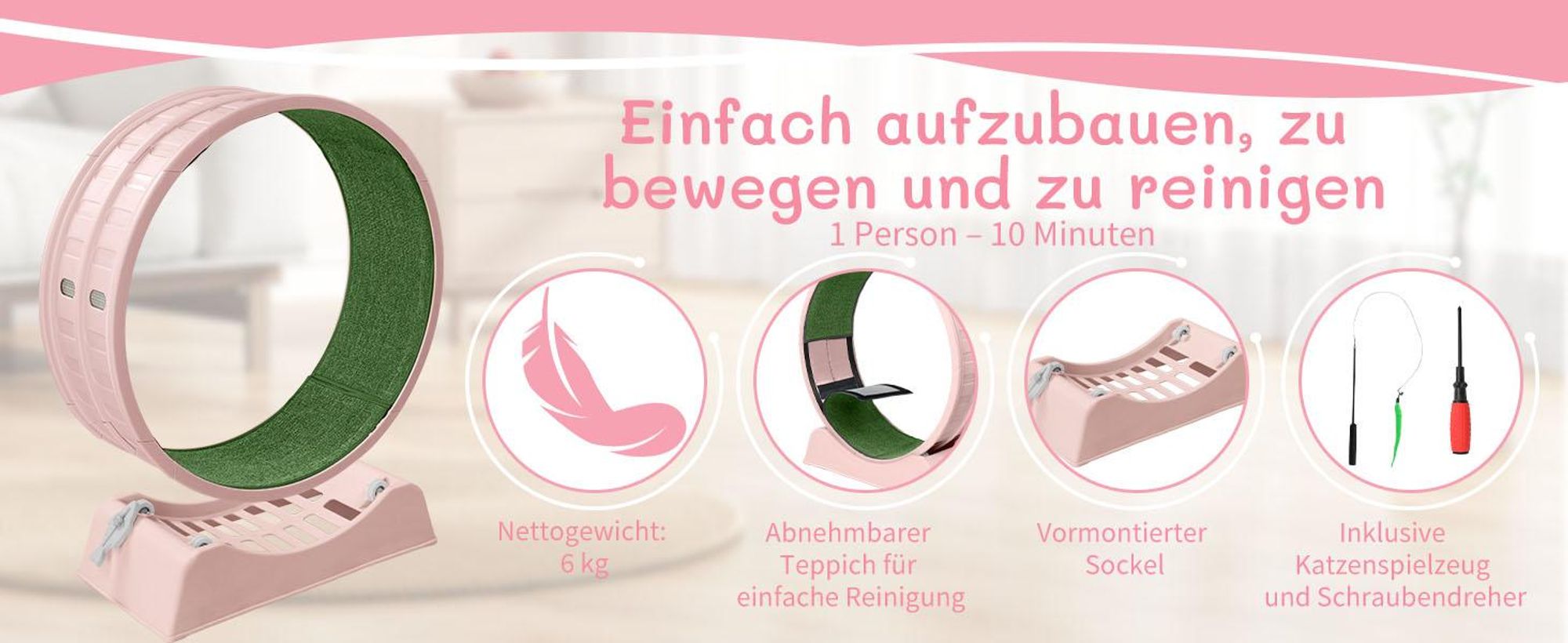 FCH Katzenlaufrad, Laufband für Katzen, Innendurchmesser 80cm, PP-Kunststoff, leise Laufband und Sicherheitsschloss-Design, Rosa