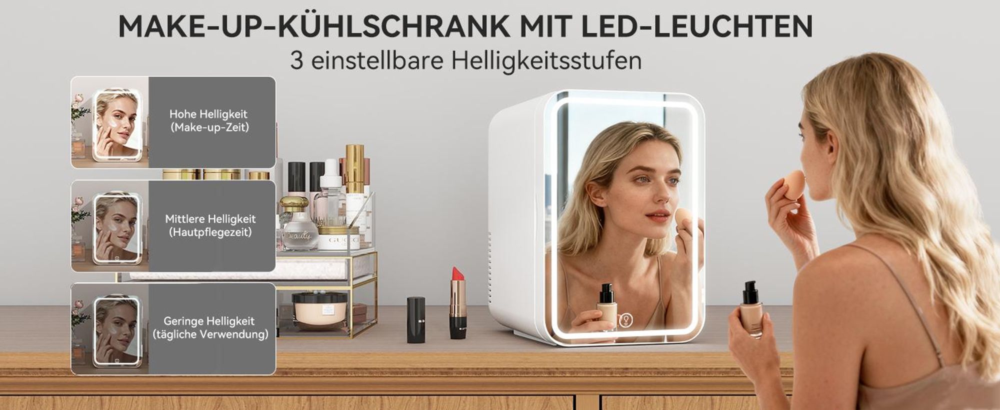 Puluomis Mini Kühlschrank 8L mit LED Spiegel tragbar für Kosmetik, Kühlbox Warmbox weiß