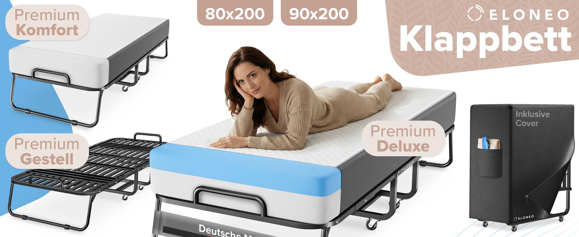 ELONEO Klappbett mit Premium-Matratze, 80x200 cm