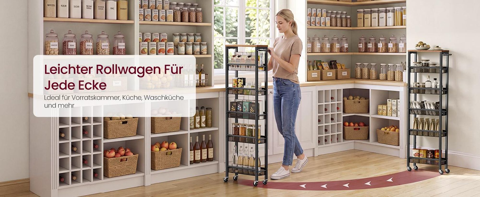 VASAGLE Servierwagen mit 6 Ablagen, schmales Nischenregal auf Rollen, für Küche, Bad, Wohnzimmer, Stahl, Griff, vintagebraun