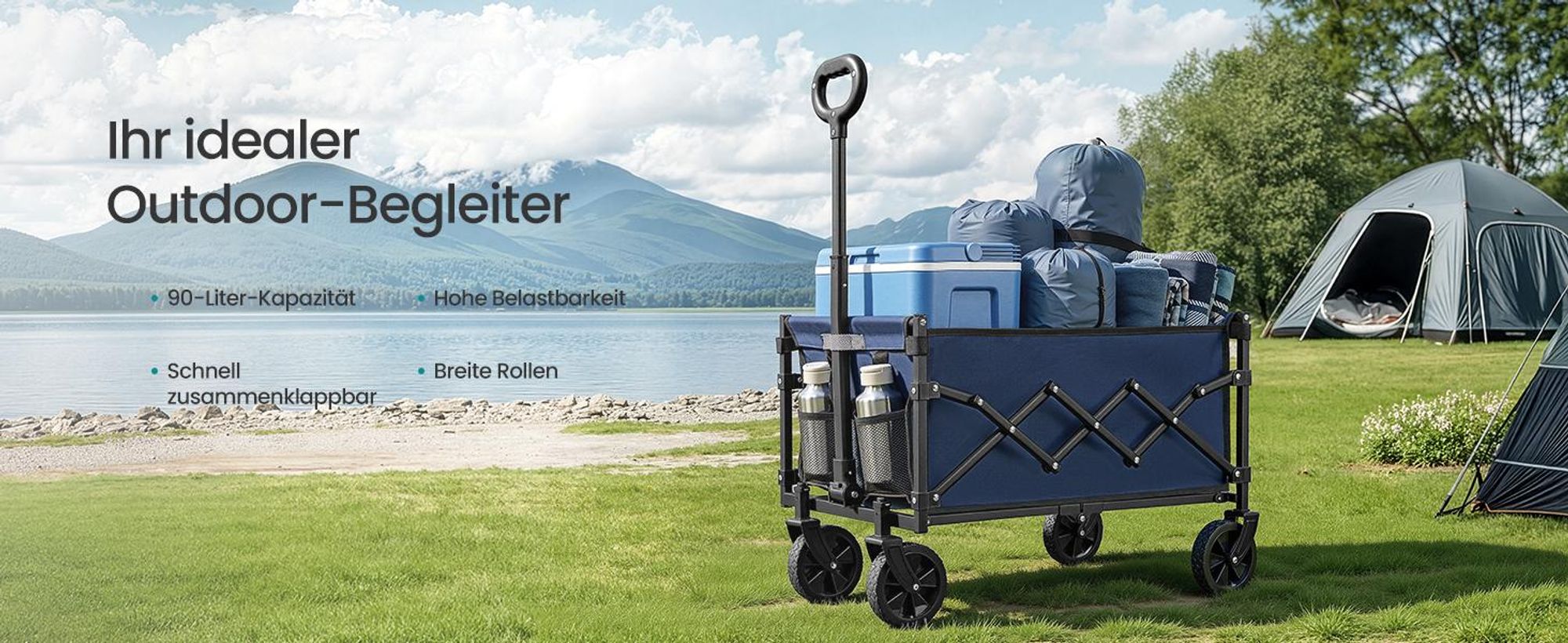 Faltbarer Bollerwagen, Transportwagen mit Griff, 4 verstärkte Rollen, 90 L, Outdoor, bis 180 kg, Garten, dunkelblau