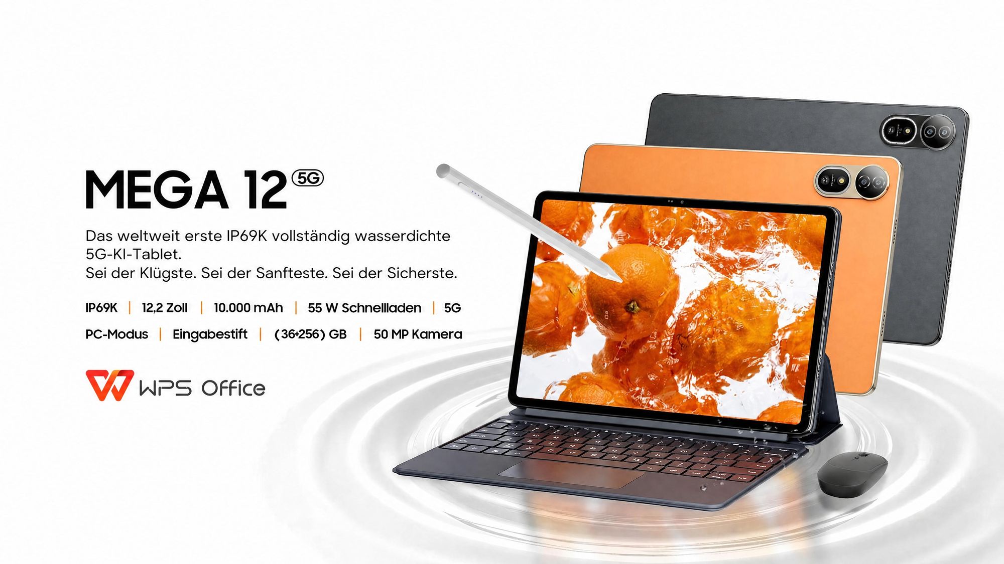 Blackview MEGA 12 Tablet, IP69K wasserdicht, 12.2" 2.4K 120Hz Display, 36(12+24)GB+256GB, 50MP+4K, 10000mAh, 55W, Inkl. Tastaturhülle/Maus/Stift usw.