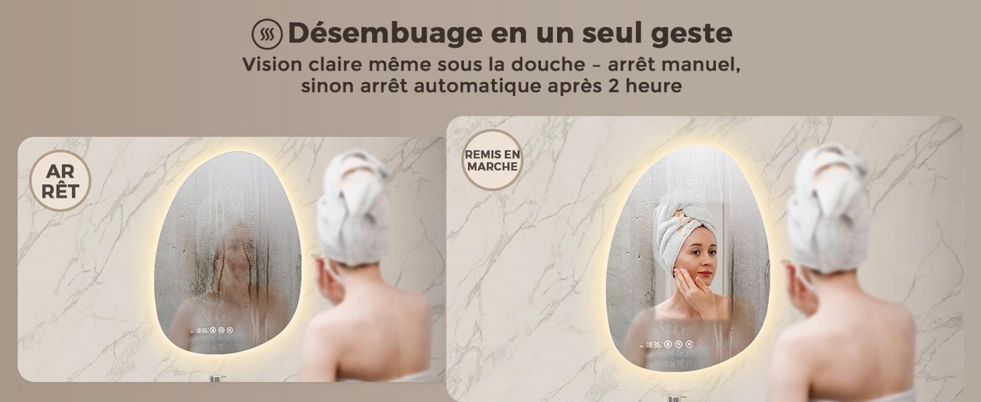 S'AFIELINA Miroir de salle de bain avec éclairage Asymétrique 60 x 45 cm avec 3 couleurs de lumière réglable, antibuée, Bluetooth, horloge, température, fonction mémoire