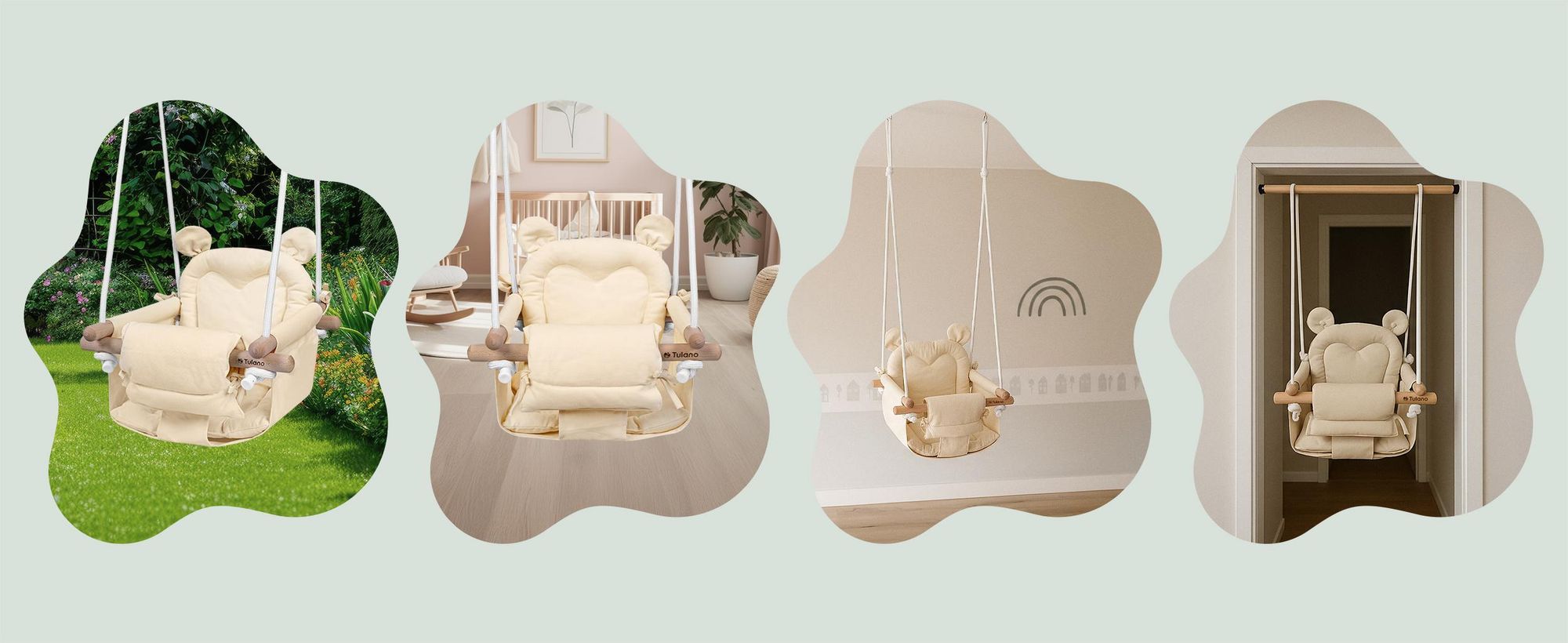 Tulano Hop 30 Beige | Bär Babyschaukel Kinderschaukel | Indoor Outdoor | Sicherheitsgurt | Tragfähigkeit bis 60kg | von 6 bis 36 Monaten