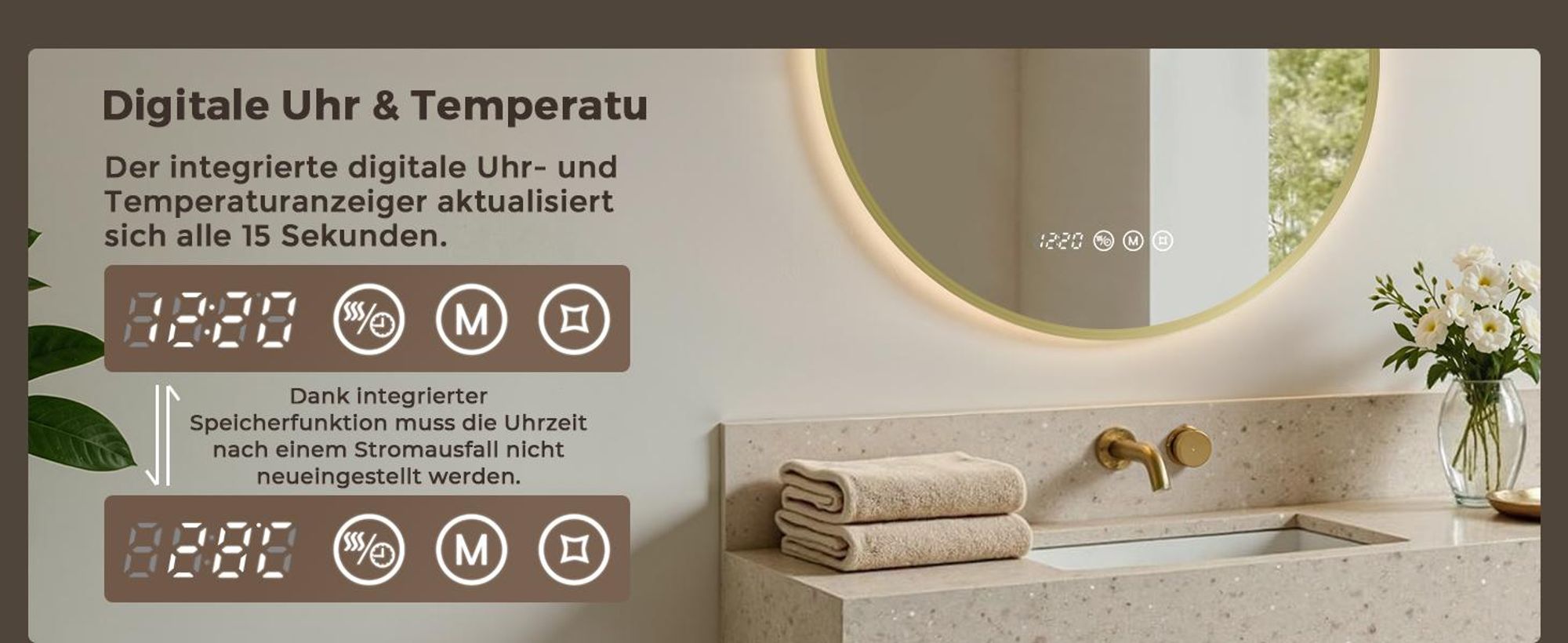S'AFIELINA LED Badezimmerspiegel Rund Ø70 cm, Goldener Rahmen, 3 Lichtfarben, stufenlos dimmbar, Antibeschlag, Uhr & Temperaturanzeige, Memory