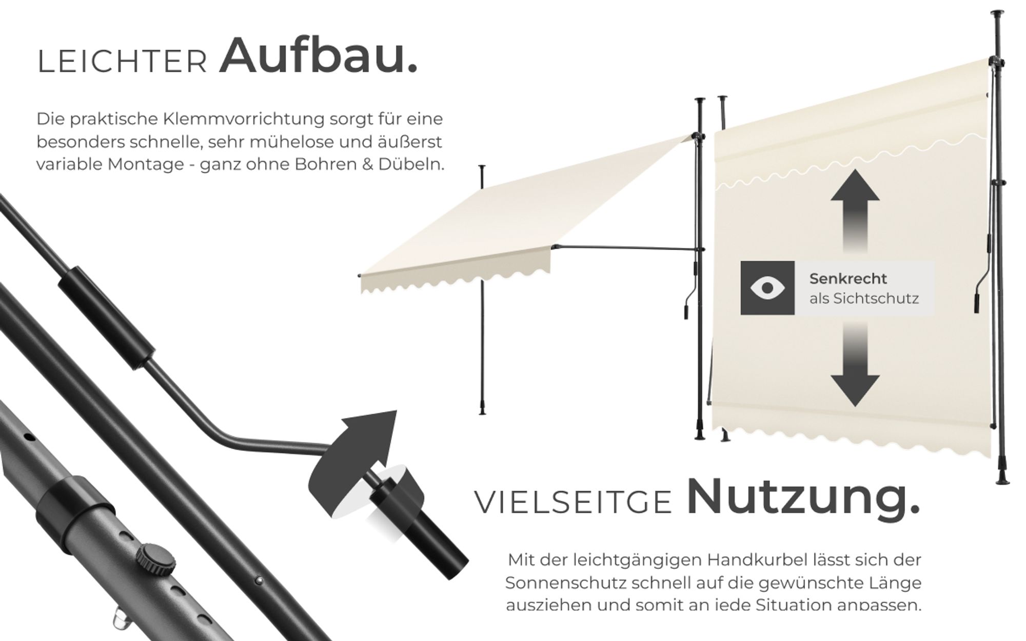 tectake® Klemmmarkise mit Handkurbel einfache Montage