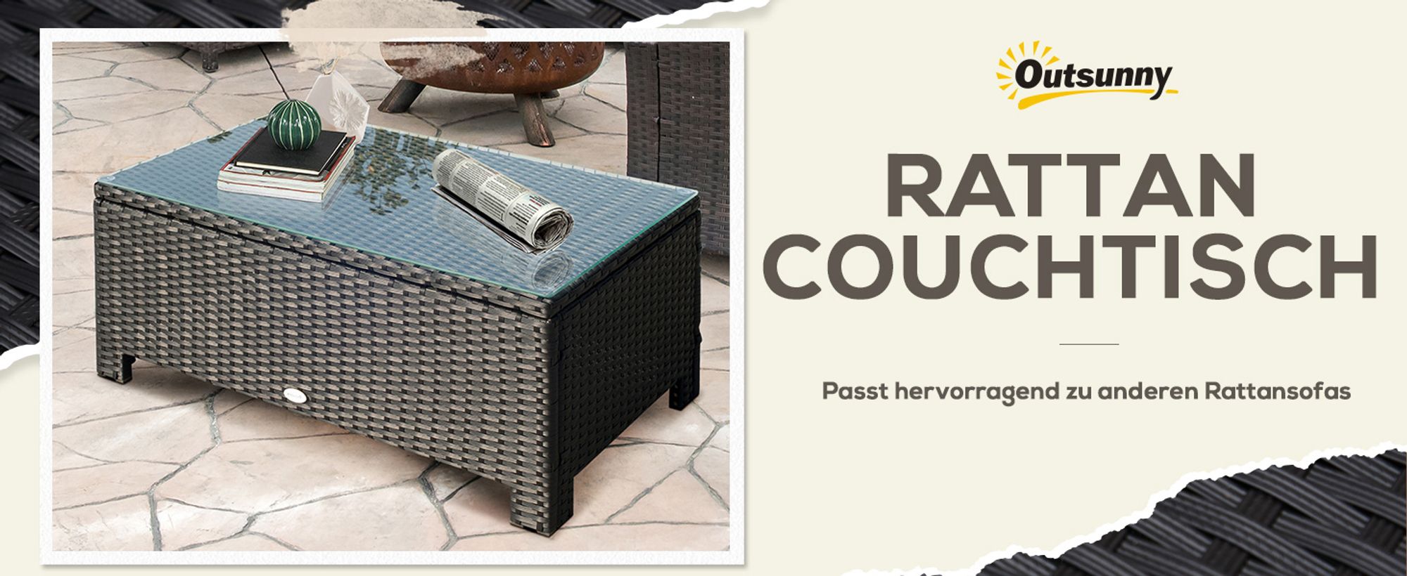 Outsunny Garten Beistelltisch aus Polyrattan Schwarz 85 x 50 x 39 cm