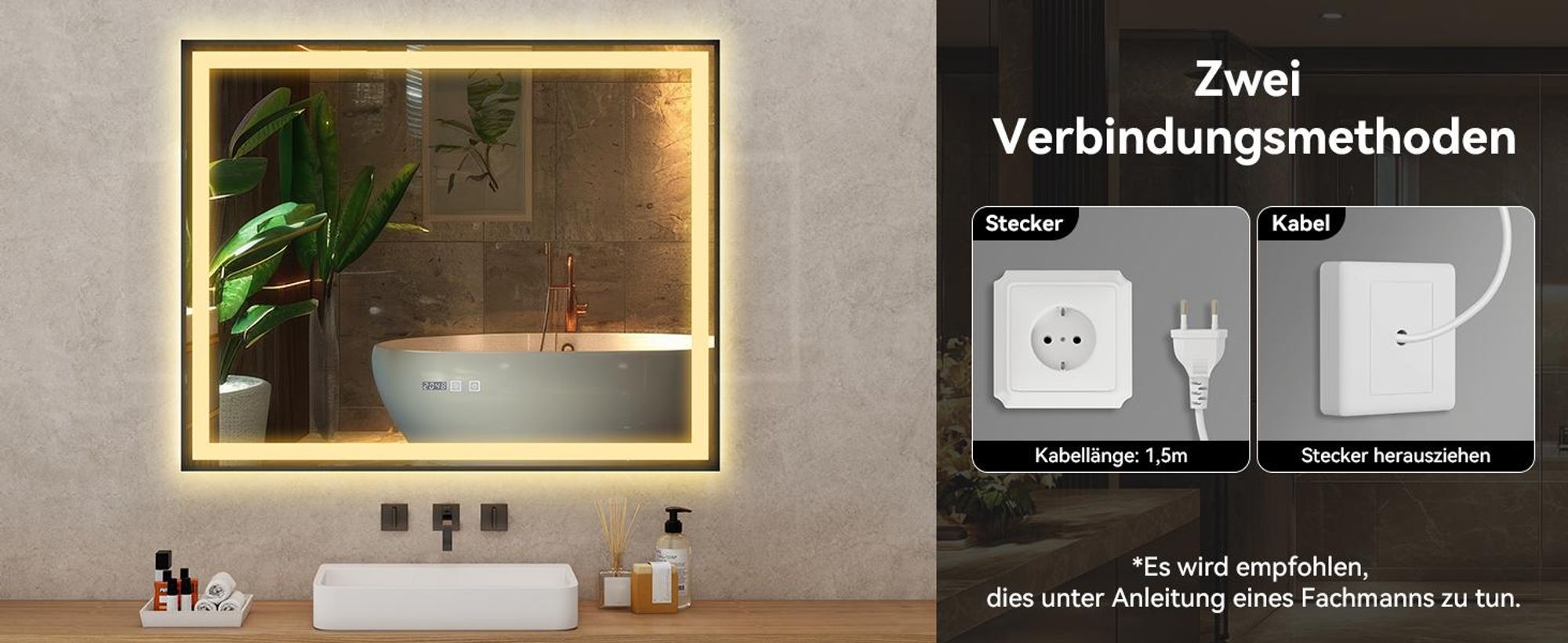 Puluomis Badspiegel 100x80 beschlagfrei mit 3 Farbe Beleuchtung, dimmbare Helligkeit, Badezimmerspiegel mit Digitaluhr, Temperatur schwarz