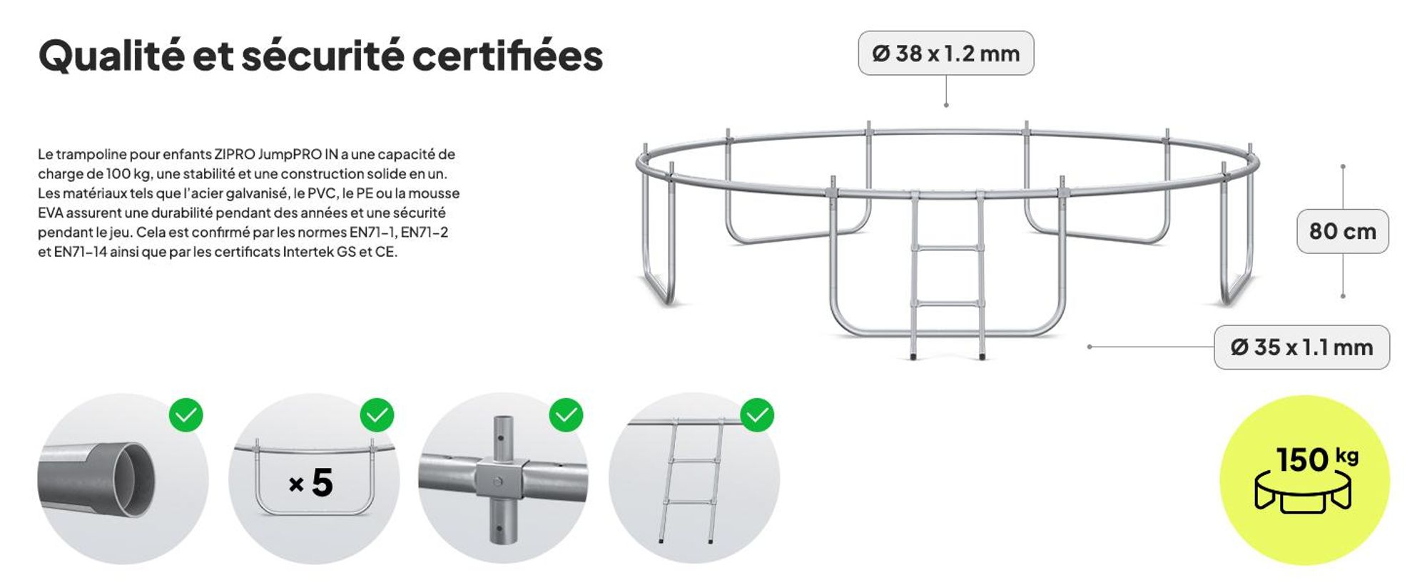 Trampoline ZIPRO Jump Pro IN | 12FT Ø 374 cm | Trampoline de jardin Trampoline pour enfants Kit complet avec filet intérieur, échelle et housse de protection, extérieur, vert