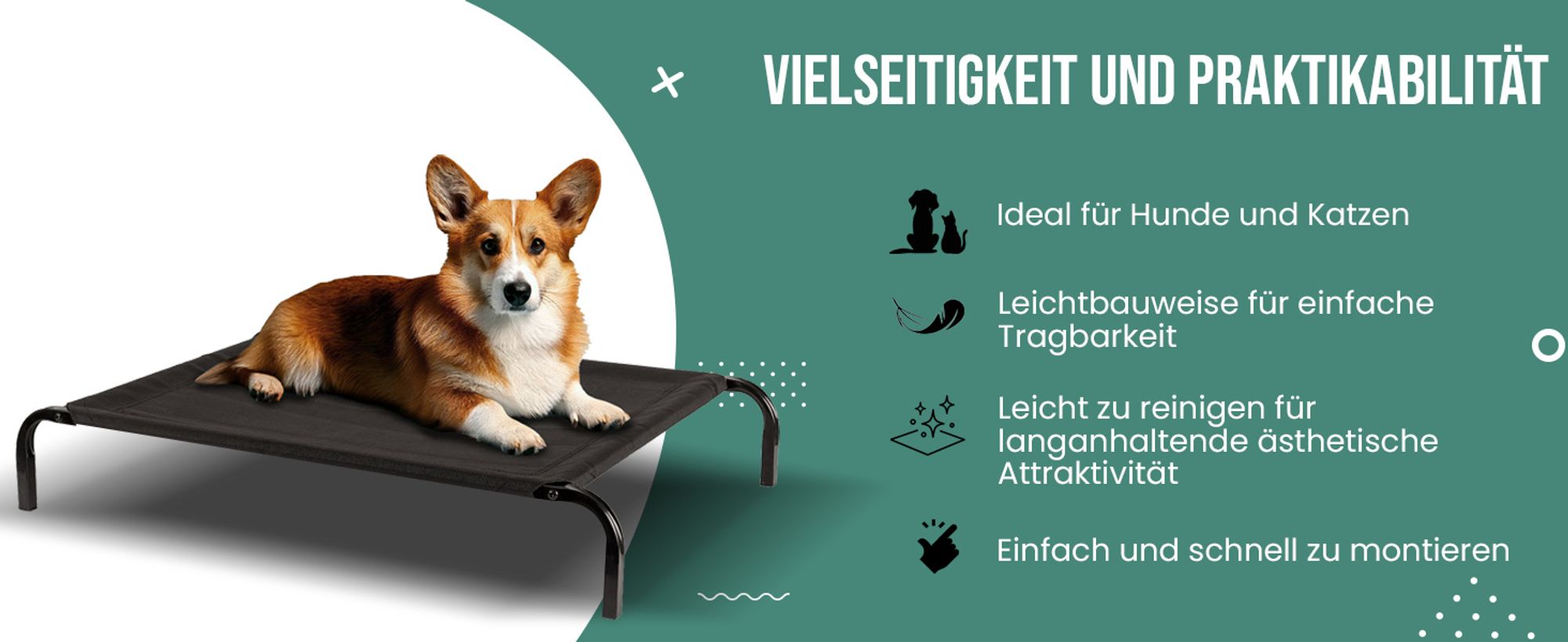 Petsona Hundebett Hundeliege Haustierbett Indoor Outdoor Erhöht Kausicher Langlebig Mittelgroße Hund Betten Haustier Bequeme Haustier-Hängematte Für Ultimative Entspannung 109X20x71cm, Schwarz