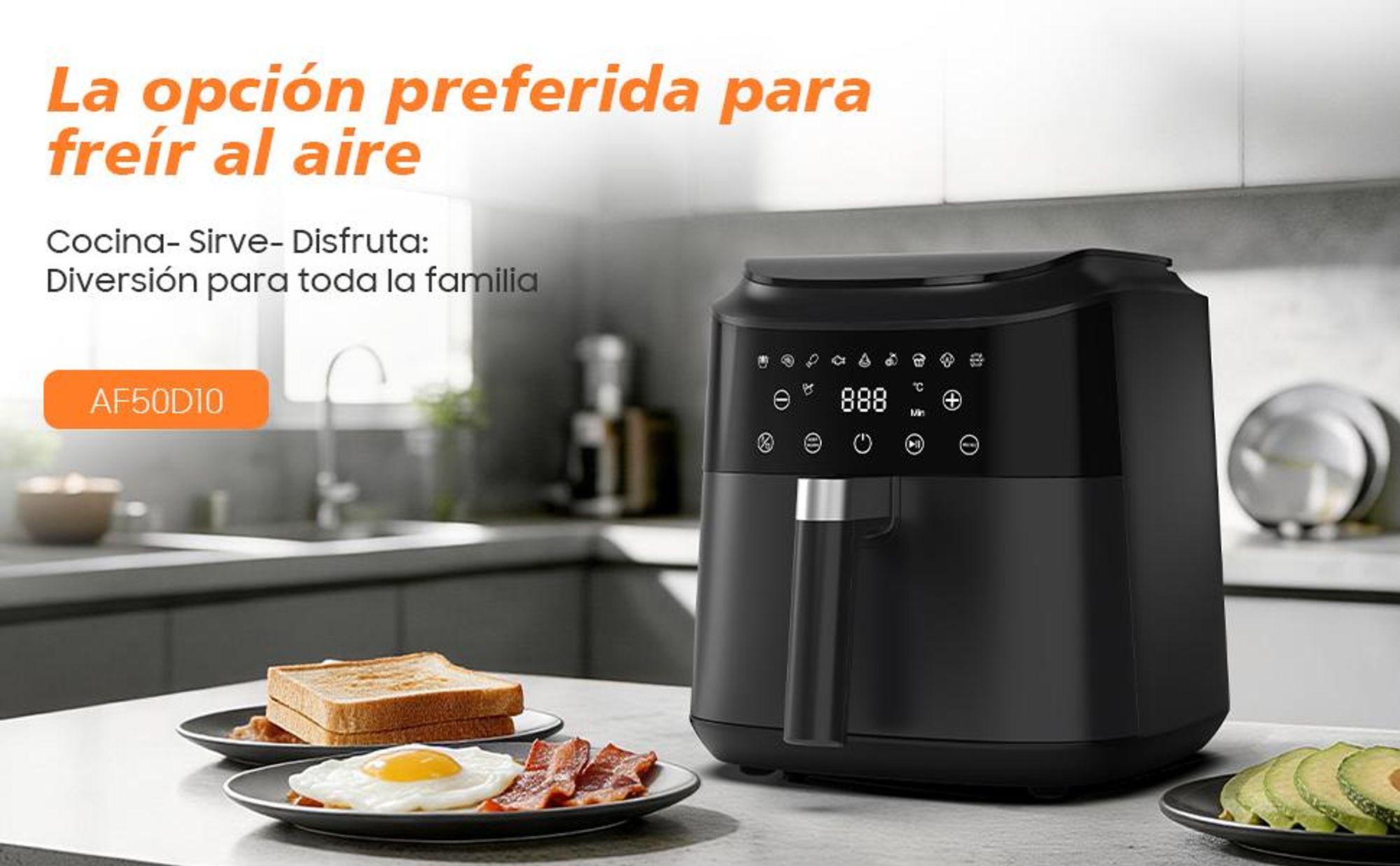 Freidora de aire, 6 L, 9 programas, rango de temperatura 40–200 °C, función de mantener caliente, cesta antiadherente apta para lavavajillas