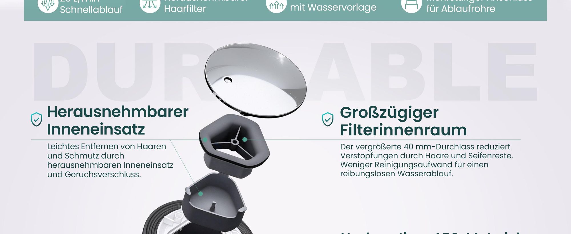 Mai & Mai Ablaufgarnitur für eine Duschtasse  Ø 90mm Ablaufloch Abfluss Grau Durchmesser: ca.45mm Entleerungsleistung von 20L pro Minute AL005