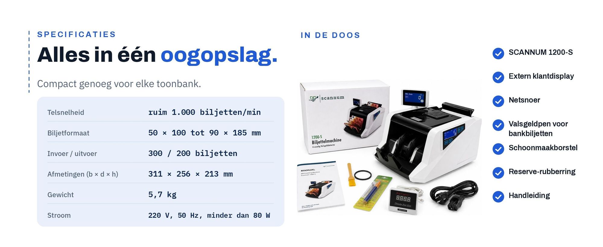 Specificaties en inhoud van de doos van de SCANNUM 1200-S geldtelmachine