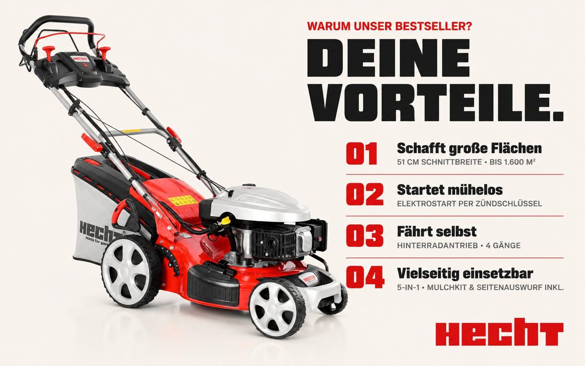 HECHT 5534 SWE Rasenmäher Benzin | mit Antrieb | 51 cm Schnittbreite | Elektrostarter | 5in1 | 6PS | Mulchkit | 60L Grasfangkorb