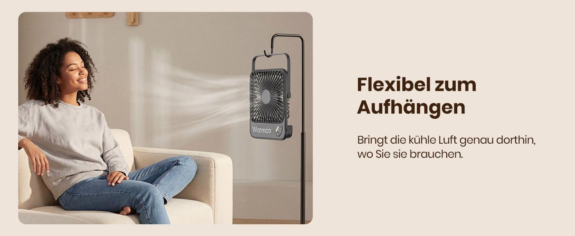 Warmco D3 Akku Ventilator 10000mAh, Tischventilator Leise, 10–24Std. USB-C, LED-Anzeige, Ultraflacher 4-Stufen Ventilator Für Büro, Schlafzimmer, Camp