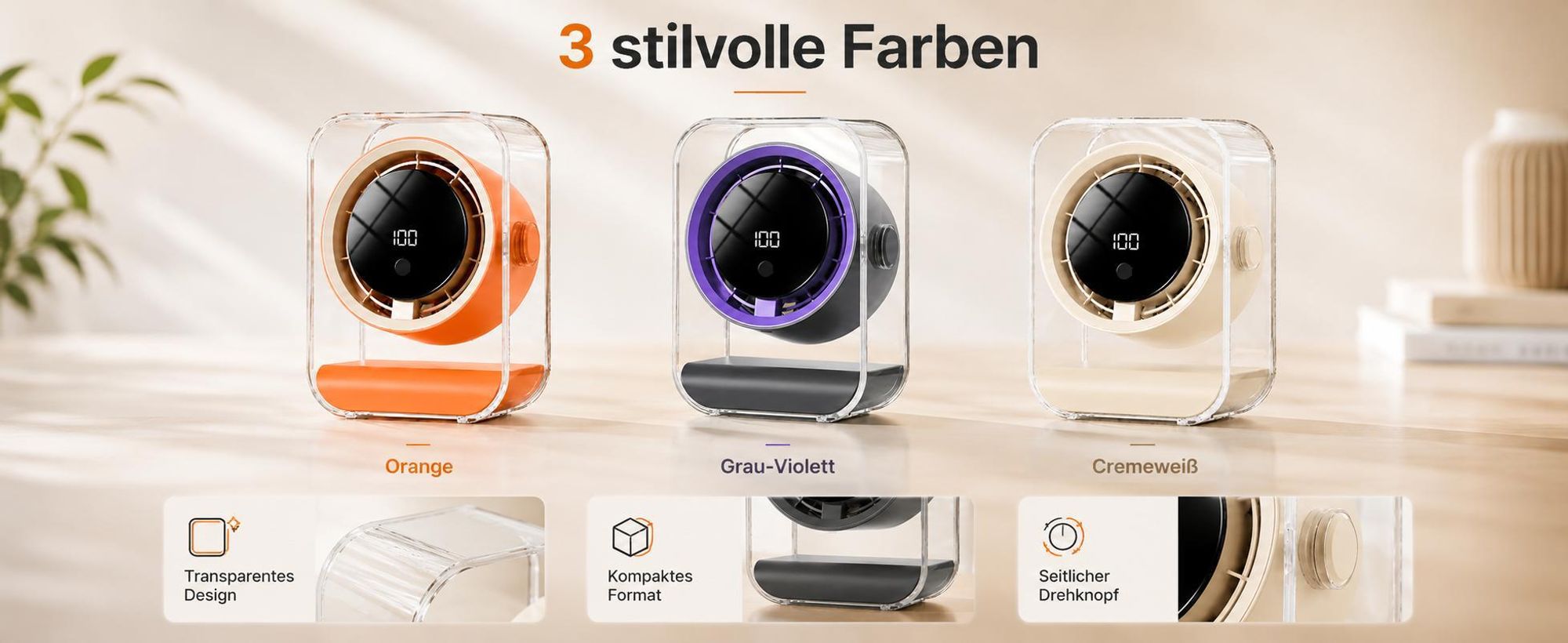 Tischventilator, Ventilator leise, 720° einstellbar, 3 Timer-Stufen (3/6/9h), 100 Geschwindigkeiten, Ventilatoren USB, LED display, Überall einsetzbar