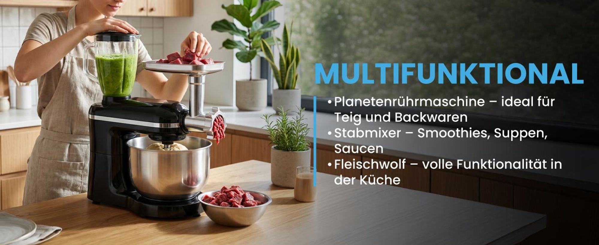 Küchenmaschine Knetmaschine Mixer mit Fleischwolf Gemüseschneider 2000W mit 6,2L Schüssel