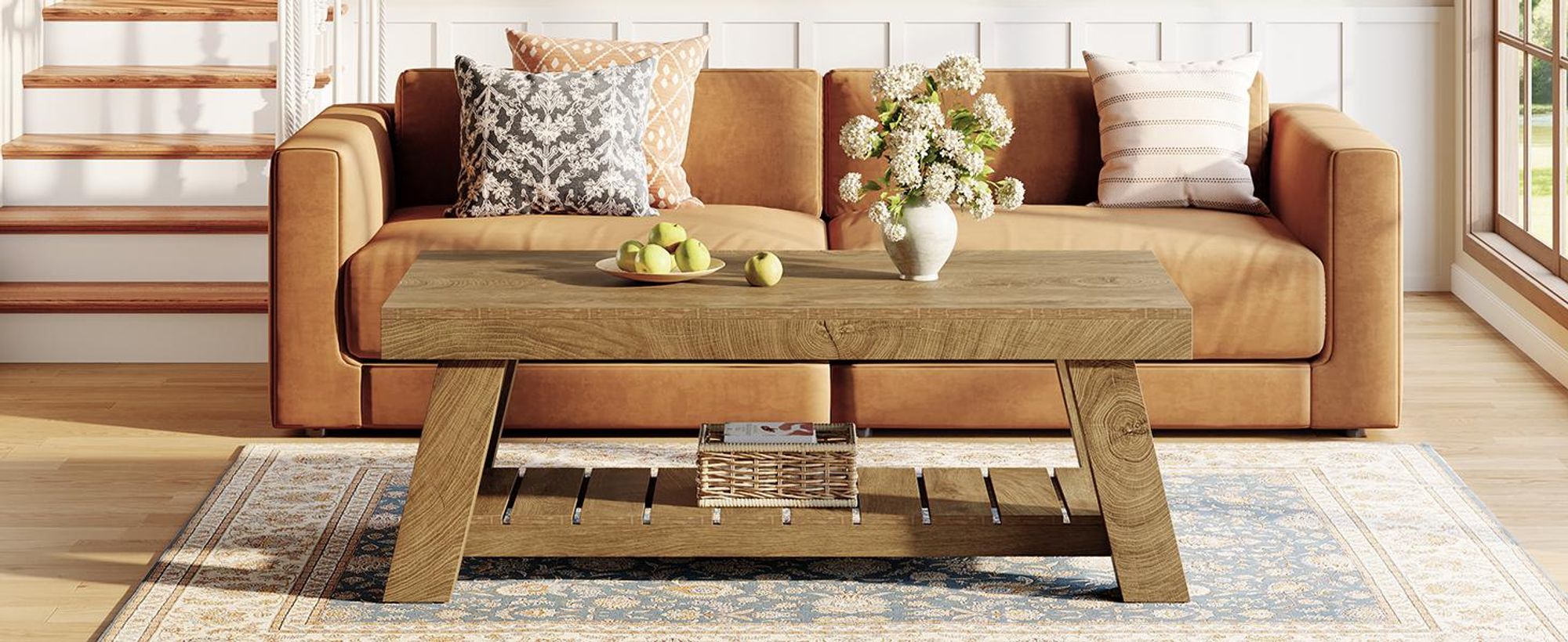 Tribesigns Rechteckiger Couchtisch, 120 cm, Landhausstil, zweistöckiger Beistelltisch mit Ablagefächern für Wohnzimmer und Wohnung