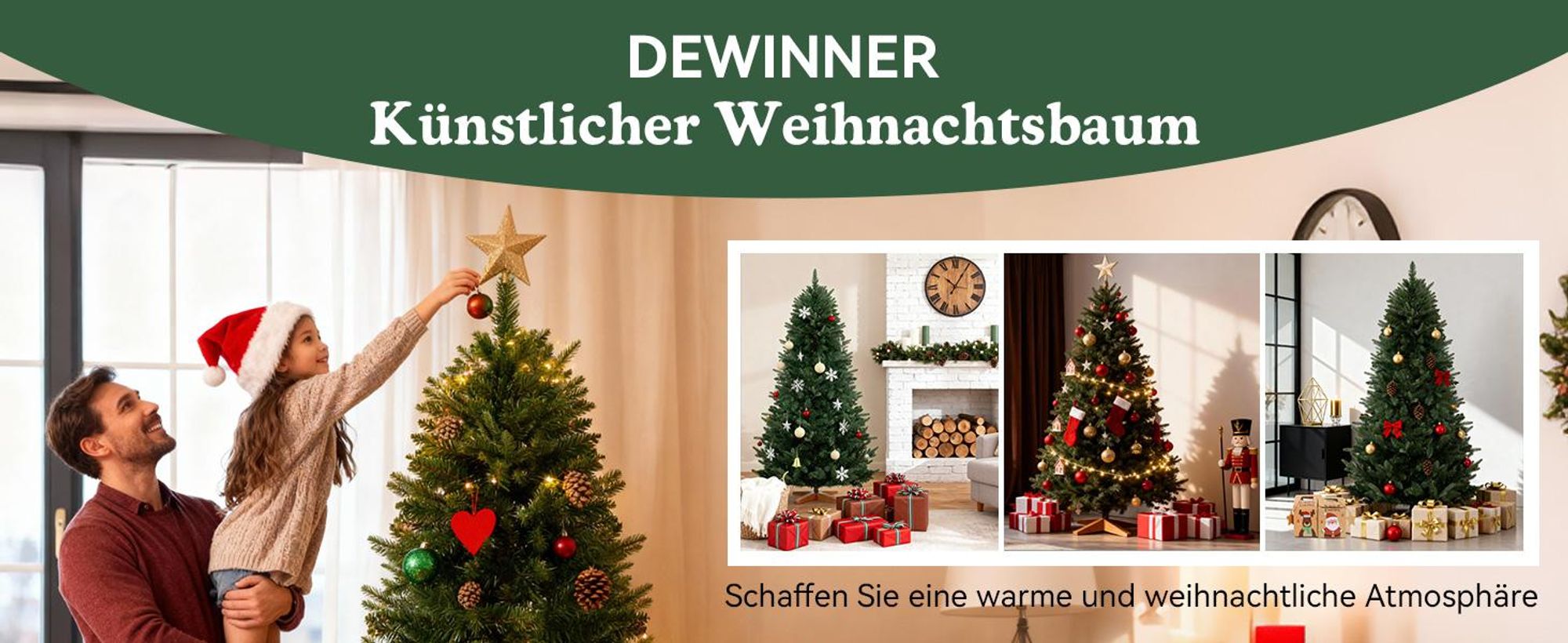 Künstlicher Weihnachtsbaum DEWINNER 180 cm,, Holzständer, Einstellbare PE/PVC-Zweige, Extra Dicht und Realistisch, Einfacher Aufbau