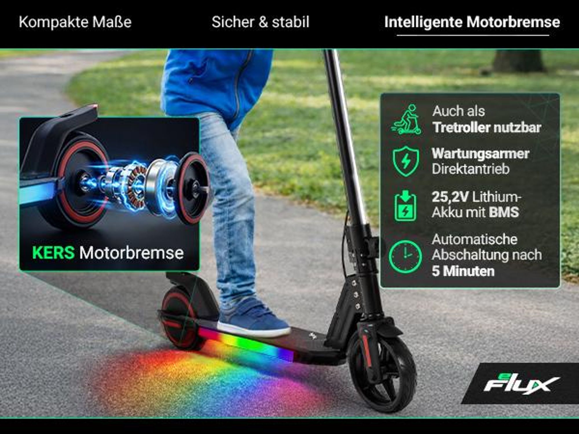 eFlux Kinder Elektroroller K1 | Faltbarer E Scooter - Elektroscooter - LED Display & Beleuchtung - 16 km/h - bis zu 15 km Reichweite - ab 6 Jahre