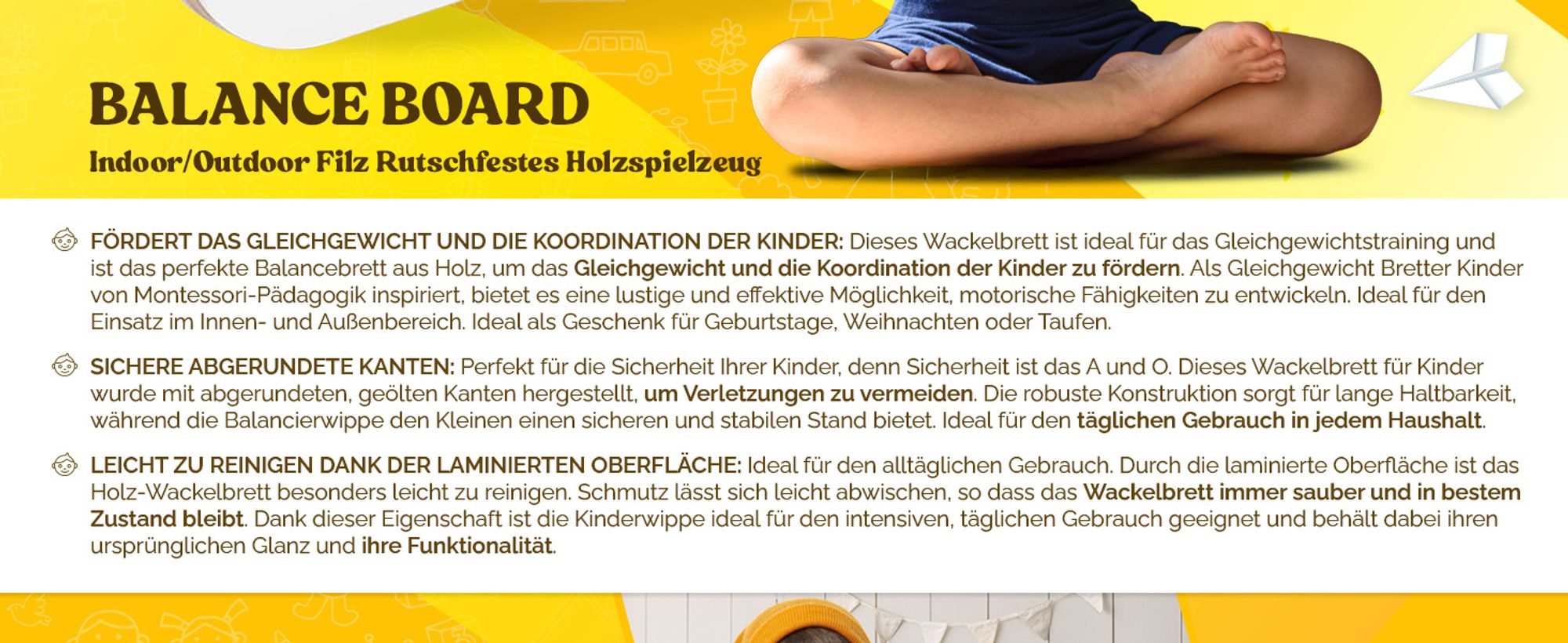 MISIOO Balance Board für Kinder – Montessori Holzspielzeug – Trainingsbrett für Gleichgewicht und Koordination – MDF – 60x22 cm – Weiß